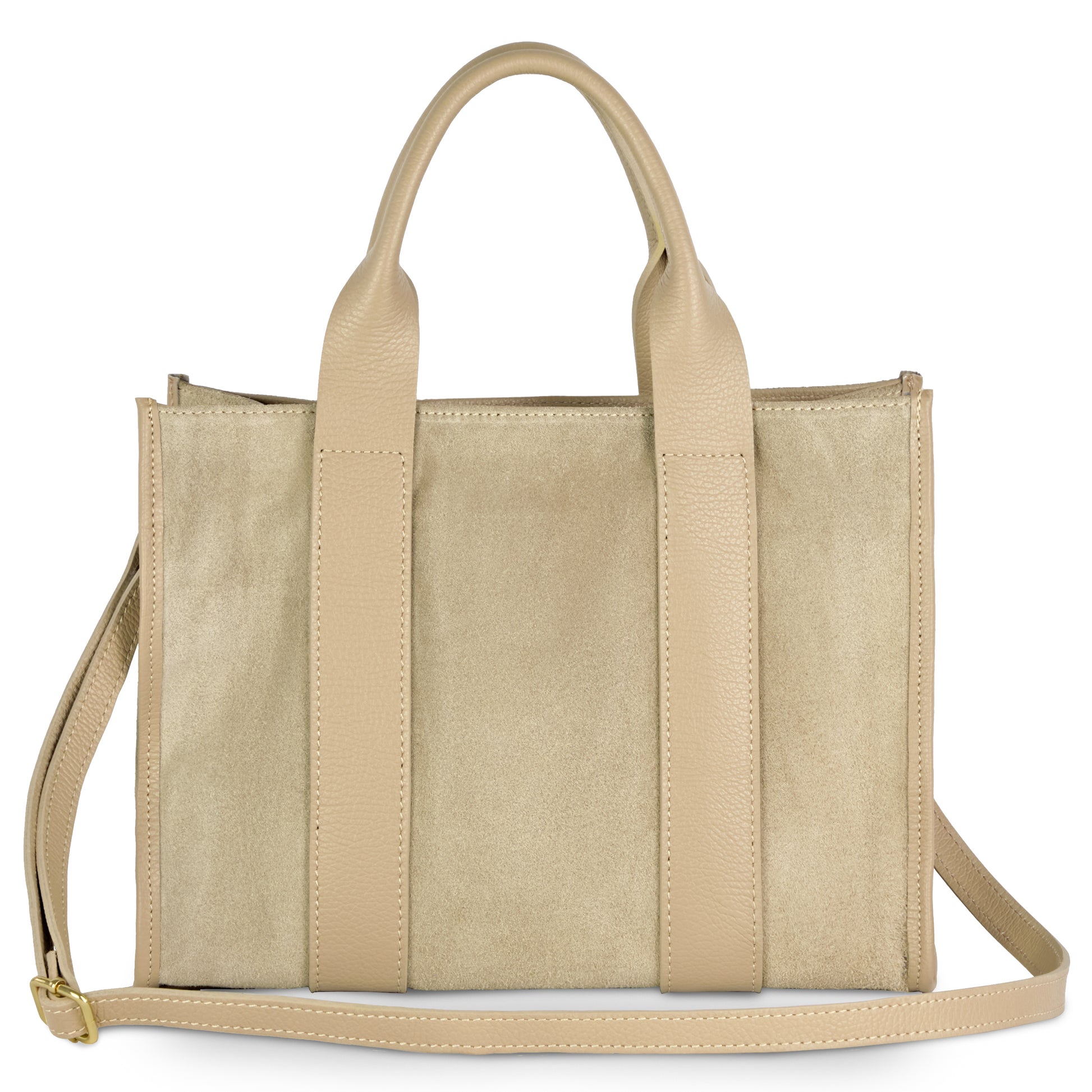 A greige suede shoulder bag with two top handles, vertical leather accents, and an adjustable strap. This handmade Italian bag has a rectangular shape and a smooth, suede-like texture.