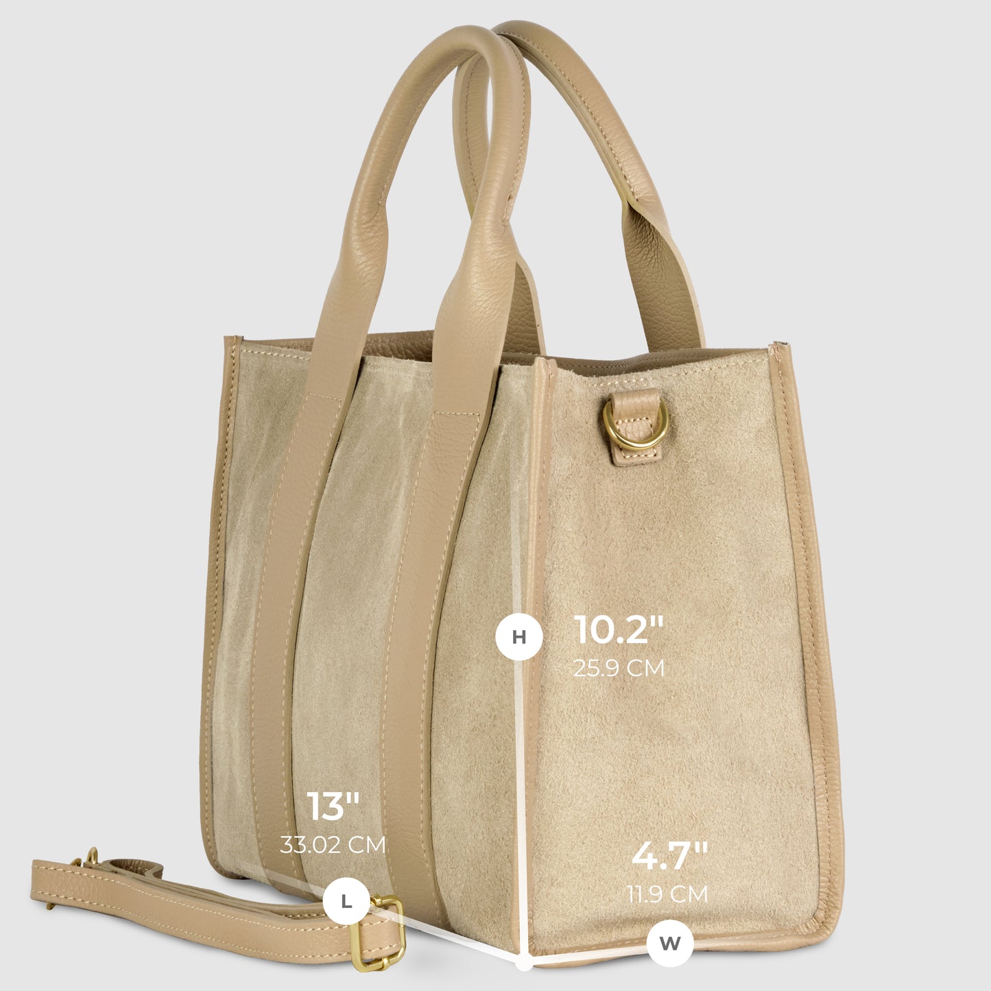 Beige suede bag with dual top handles and an adjustable shoulder strap, styled as a chic crossbody shoulder bag. Dimensions are marked: 13 length, 10.2 height, and 4.7 width. Shown at an angle for a clear view.
