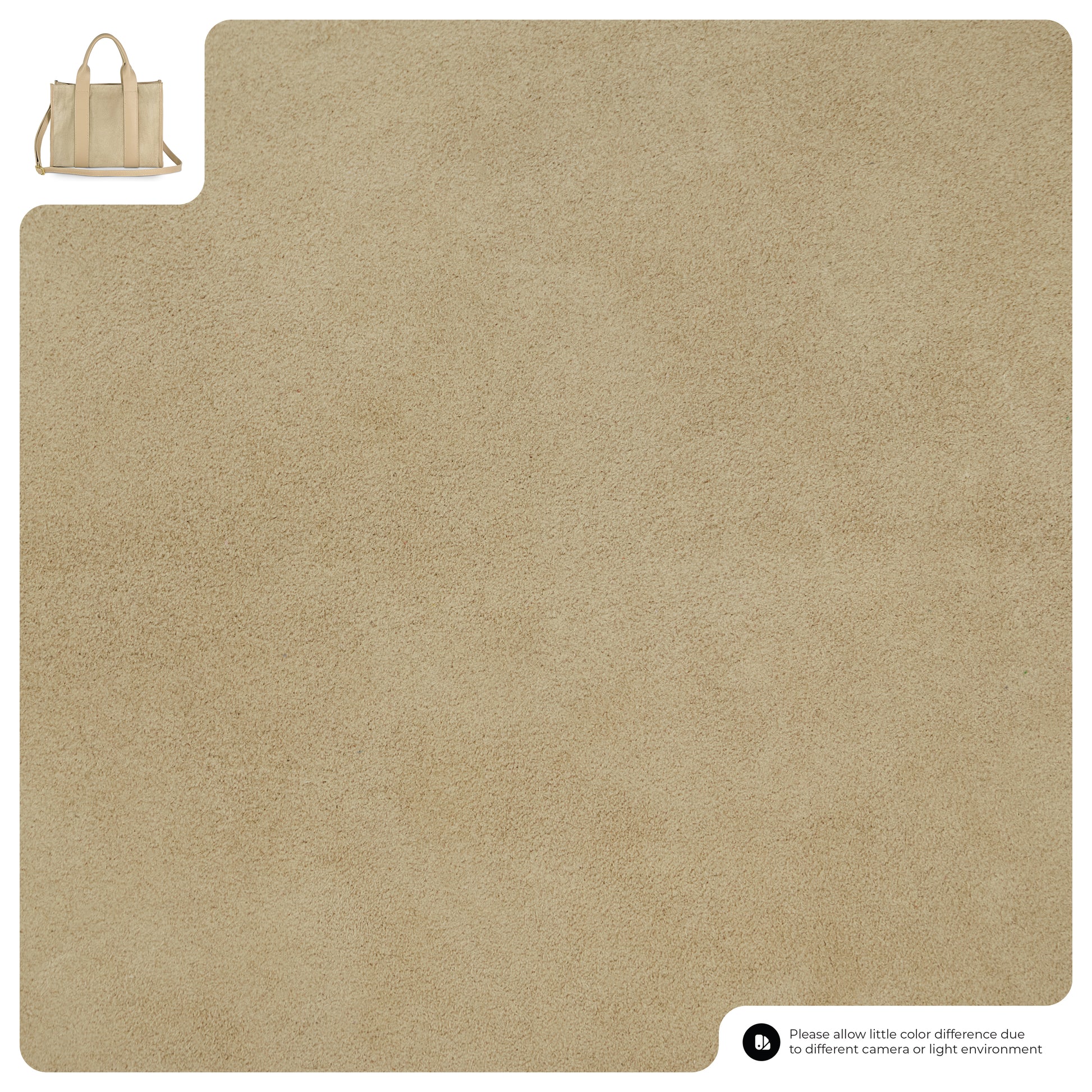 A rectangular beige carpet with a soft, textured surface. In the top left corner, there is a small image of a matching handmade Italian bag. A note about color differences appears in the bottom right corner.