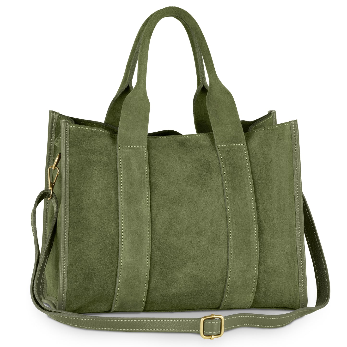 This elegant handmade Italian bag in olive suede features dual top handles, a detachable gold-buckle shoulder strap, and visible stitching—making it stylish for any occasion.