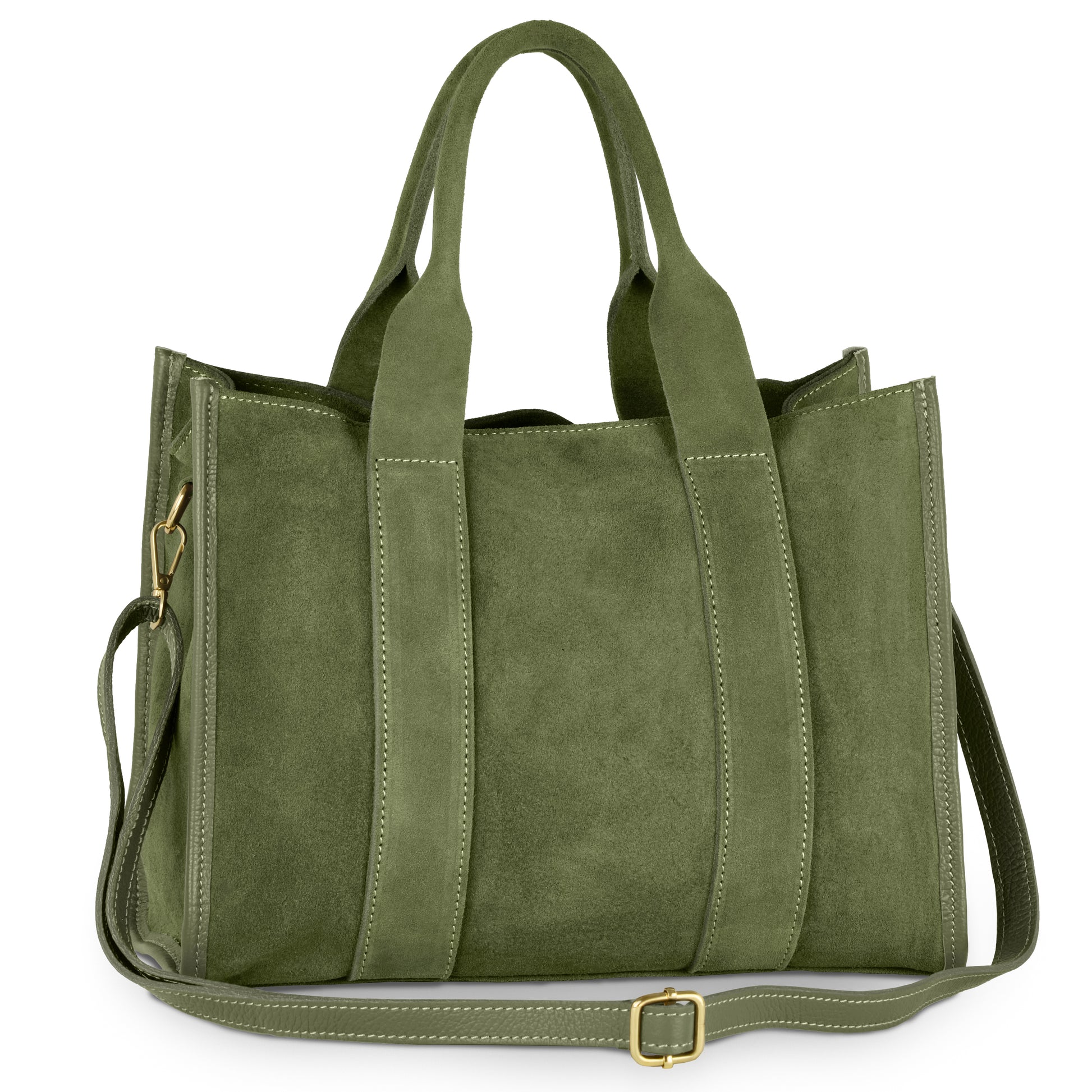 This elegant handmade Italian bag in olive suede features dual top handles, a detachable gold-buckle shoulder strap, and visible stitching—making it stylish for any occasion.