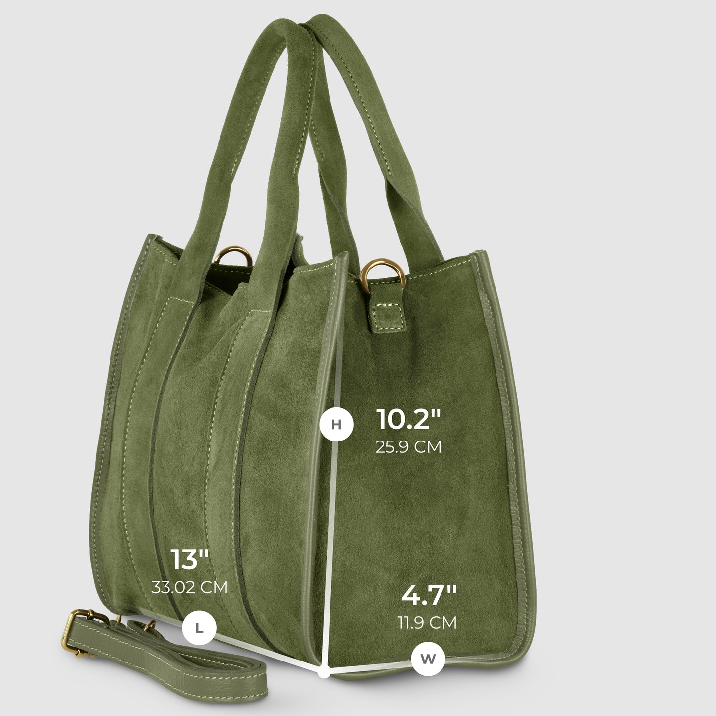 Olive green handmade suede bag with gold hardware, detachable shoulder strap, and visible stitching. Dimensions: 13" long, 10.2" high, 4.7" wide. The bag stands upright on a light gray background, showcasing Italian craftsmanship.