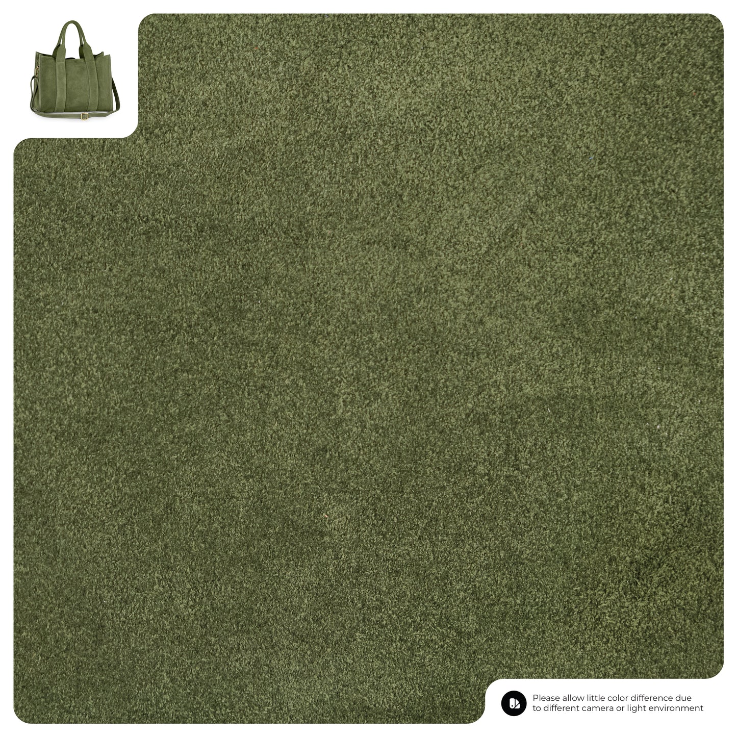 Olive green textured fabric displayed as a large square sample, with a small matching handmade Italian bag in the top left corner. A note at the bottom mentions possible color differences due to lighting and camera.