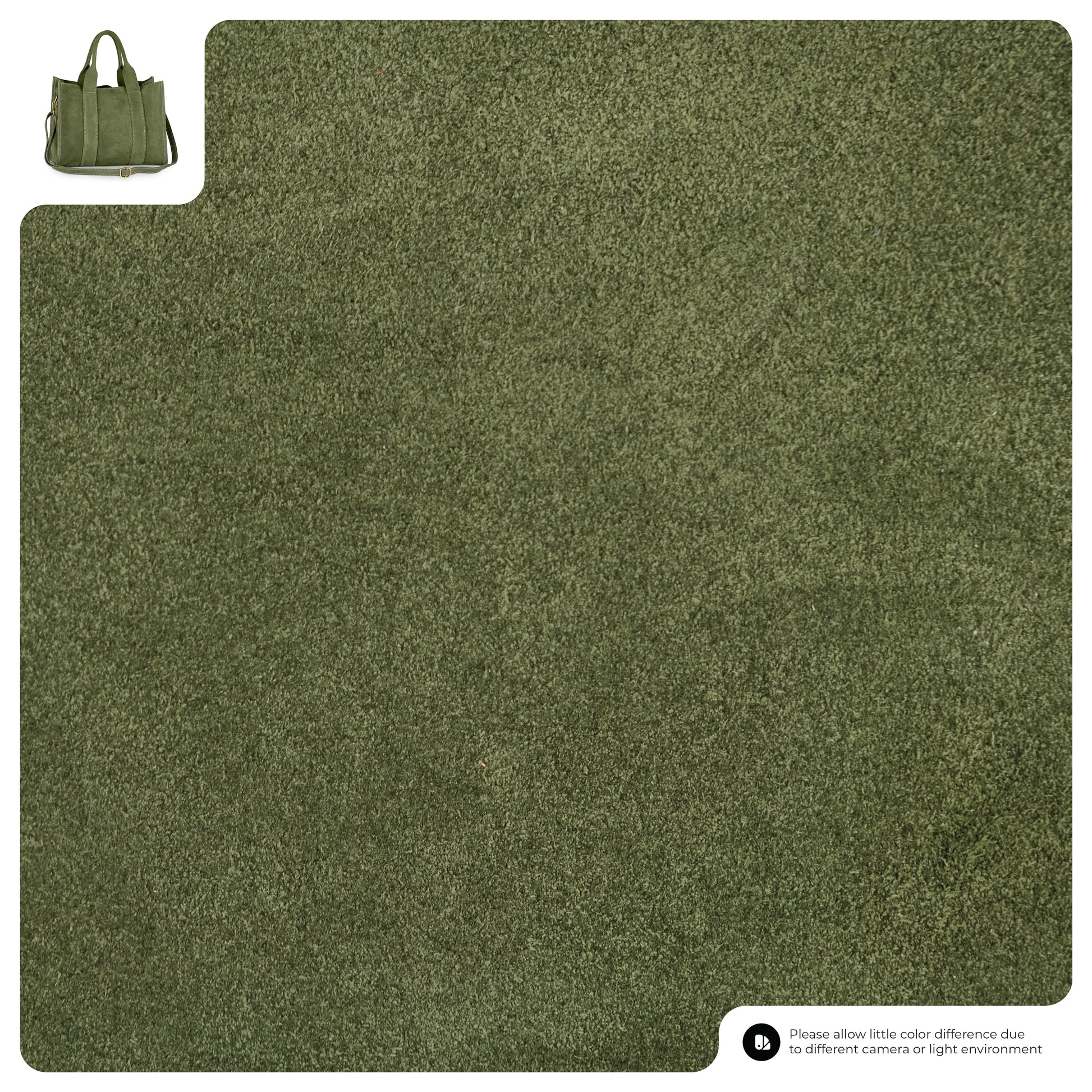 Olive green textured fabric displayed as a large square sample, with a small matching handmade Italian bag in the top left corner. A note at the bottom mentions possible color differences due to lighting and camera.