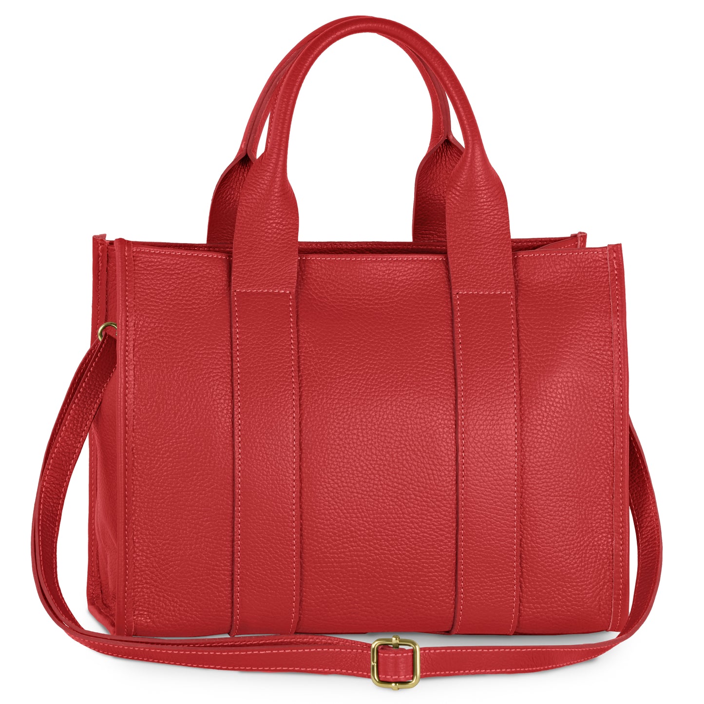 A red Italian leather handbag with two short handles, a long adjustable shoulder strap, and gold-tone hardware is shown against a white background.