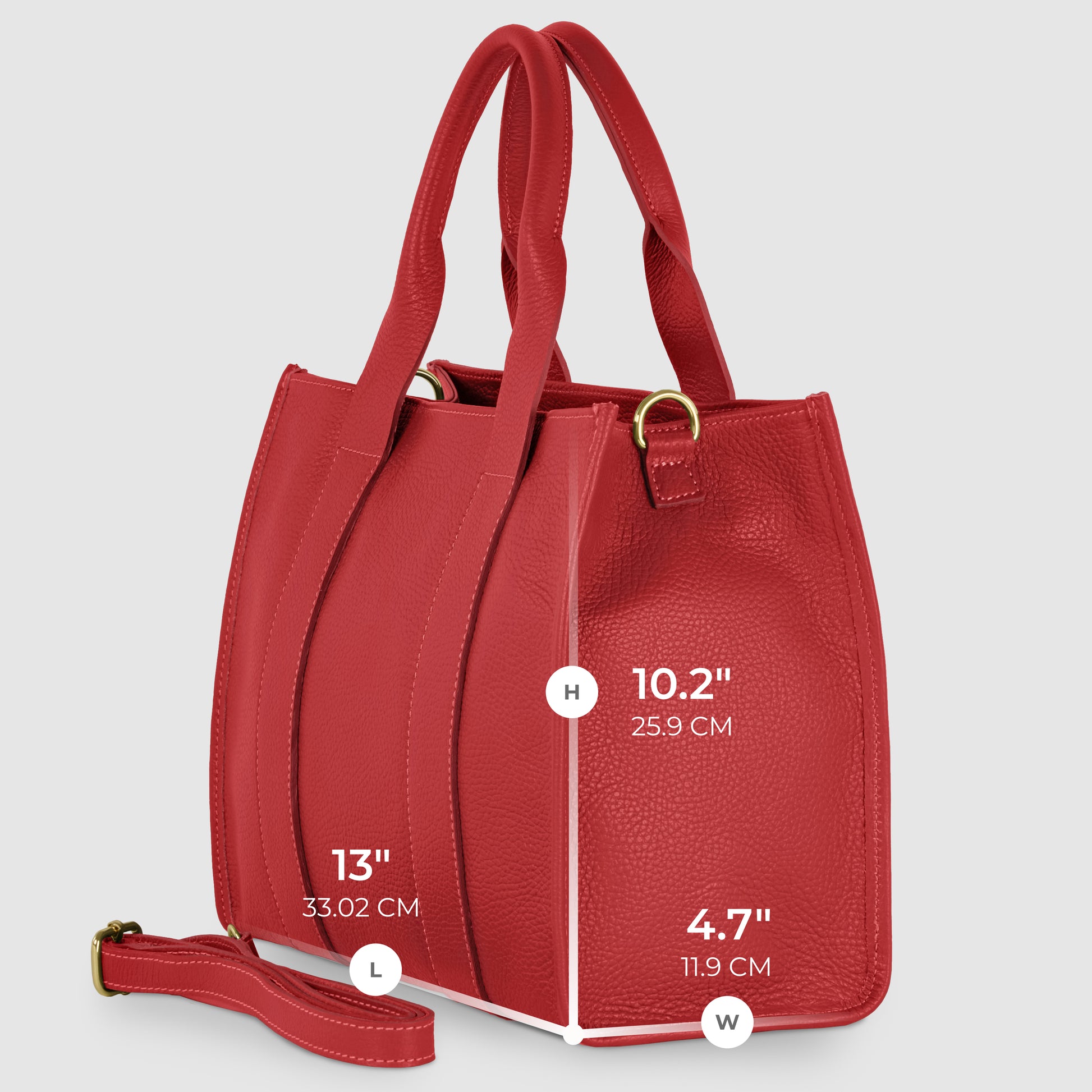 A structured Italian leather handbag in red with two handles and a detachable strap is shown. Dimensions are labeled: 13 length, 10.2 height, and 4.7 width. The bag is set against a light gray background.