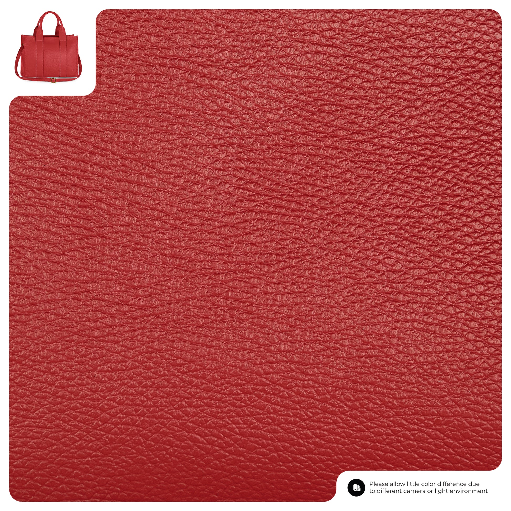 Close-up of textured red leather material with a small image of an Italian leather handbag in the top left corner and a color difference disclaimer in the bottom right corner.