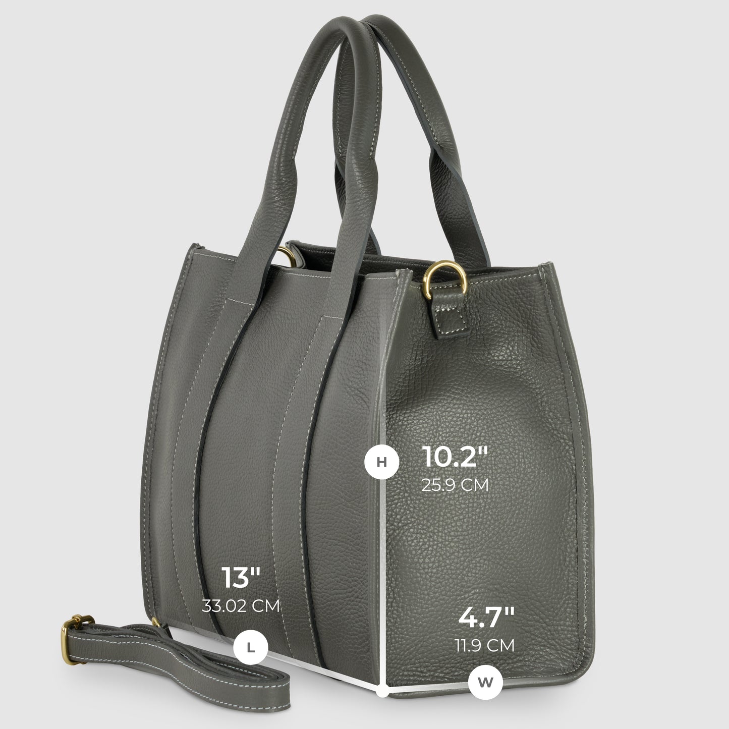 A gray Italian leather handbag with two handles and a detachable strap. This structured handbag measures 13 inches long, 10.2 inches high, and 4.7 inches wide, featuring elegant gold-toned hardware.