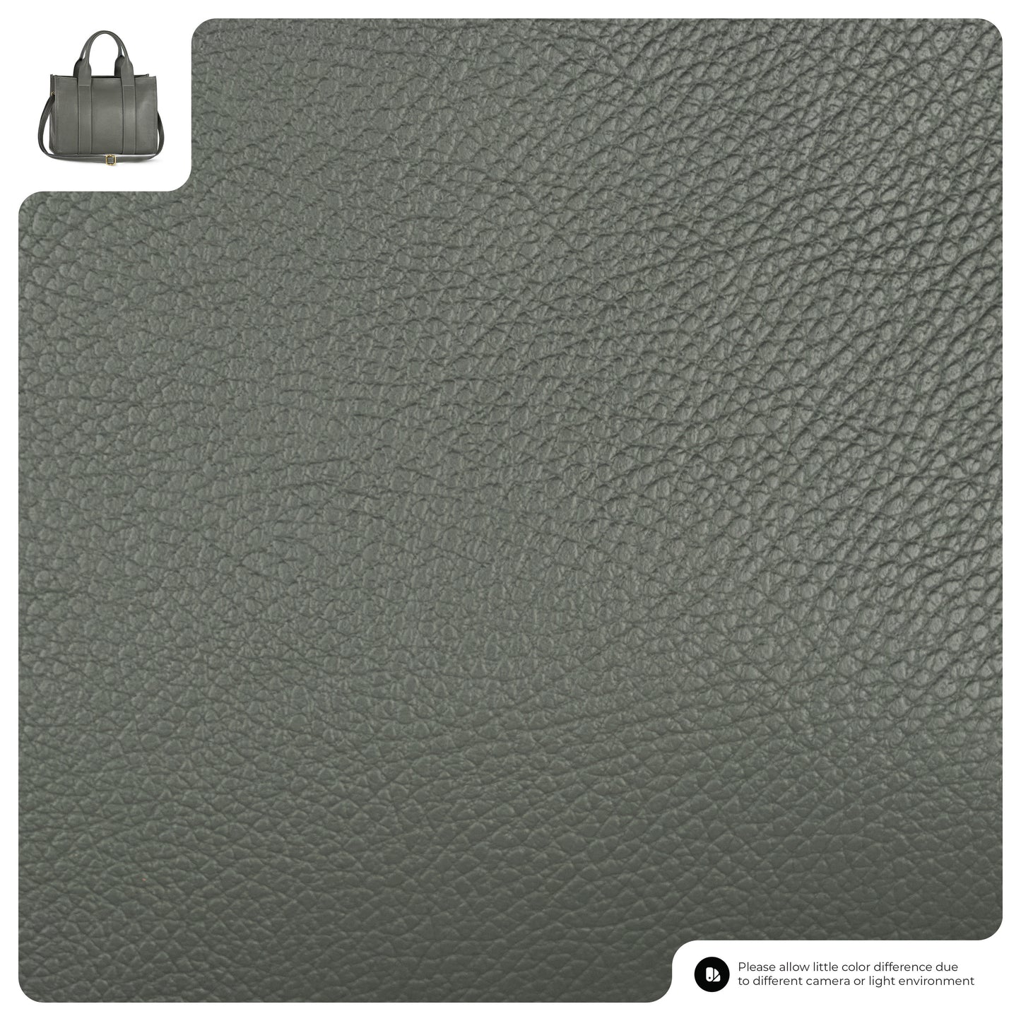 Close-up of textured grey leather material with a small inset image of an Italian leather handbag in the top left corner; text in the bottom right notes possible color differences due to lighting or camera.
