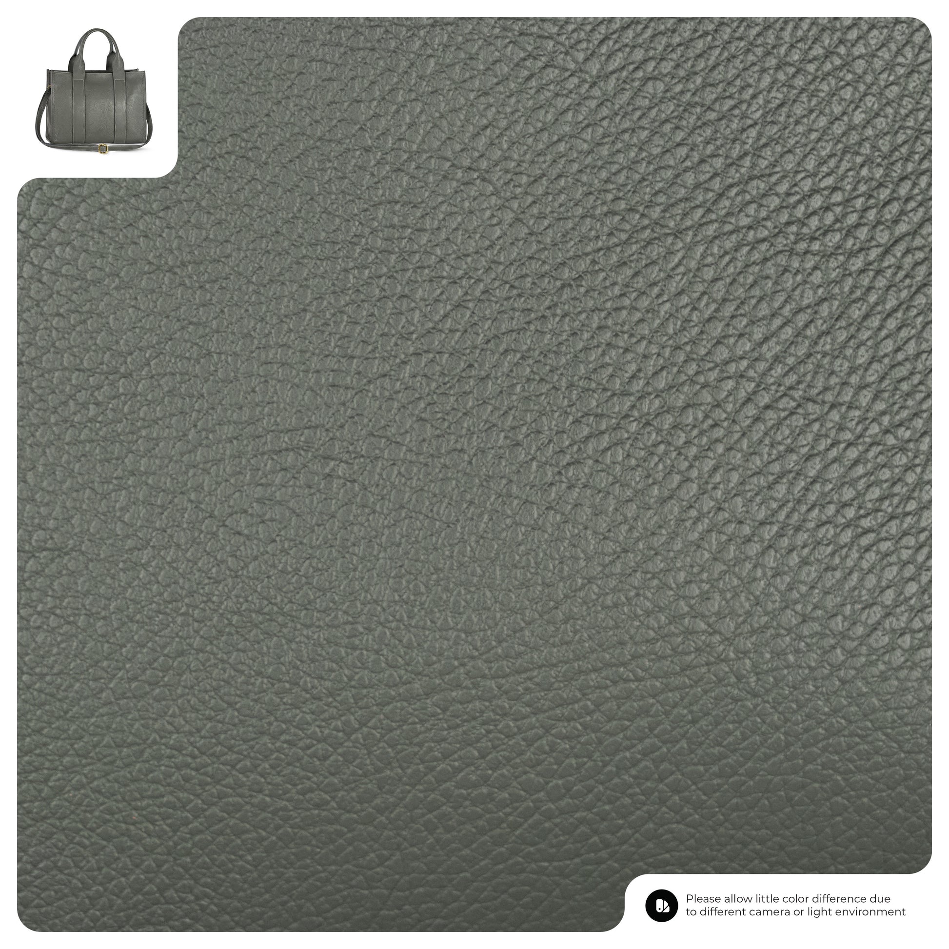 Close-up of textured grey leather material with a small inset image of an Italian leather handbag in the top left corner; text in the bottom right notes possible color differences due to lighting or camera.