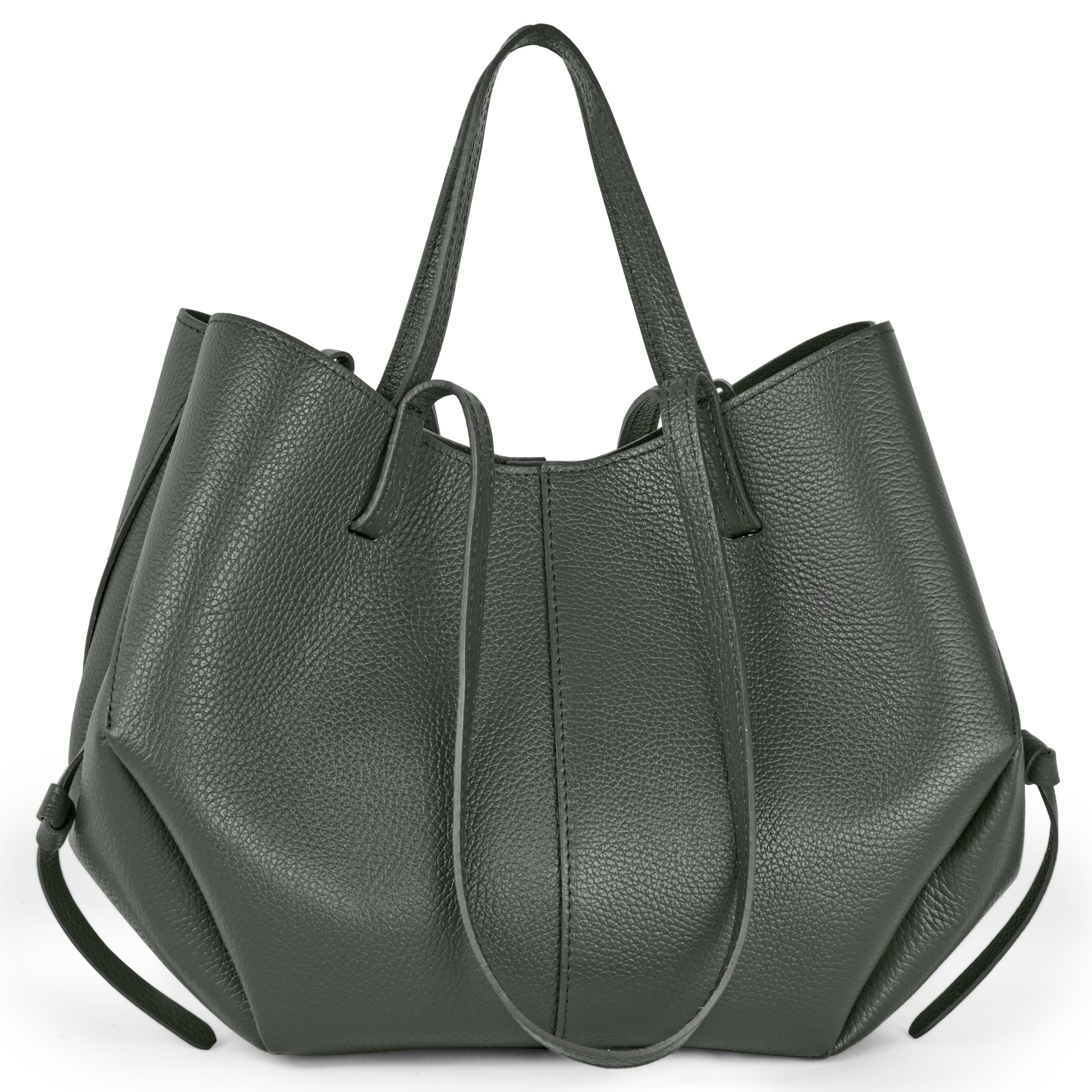 A spacious, dark grey Italian leather handbag with two handles and a textured surface. This slouchy tote features side drawstrings, offering a relaxed look and convertible style, all handcrafted in Italy.