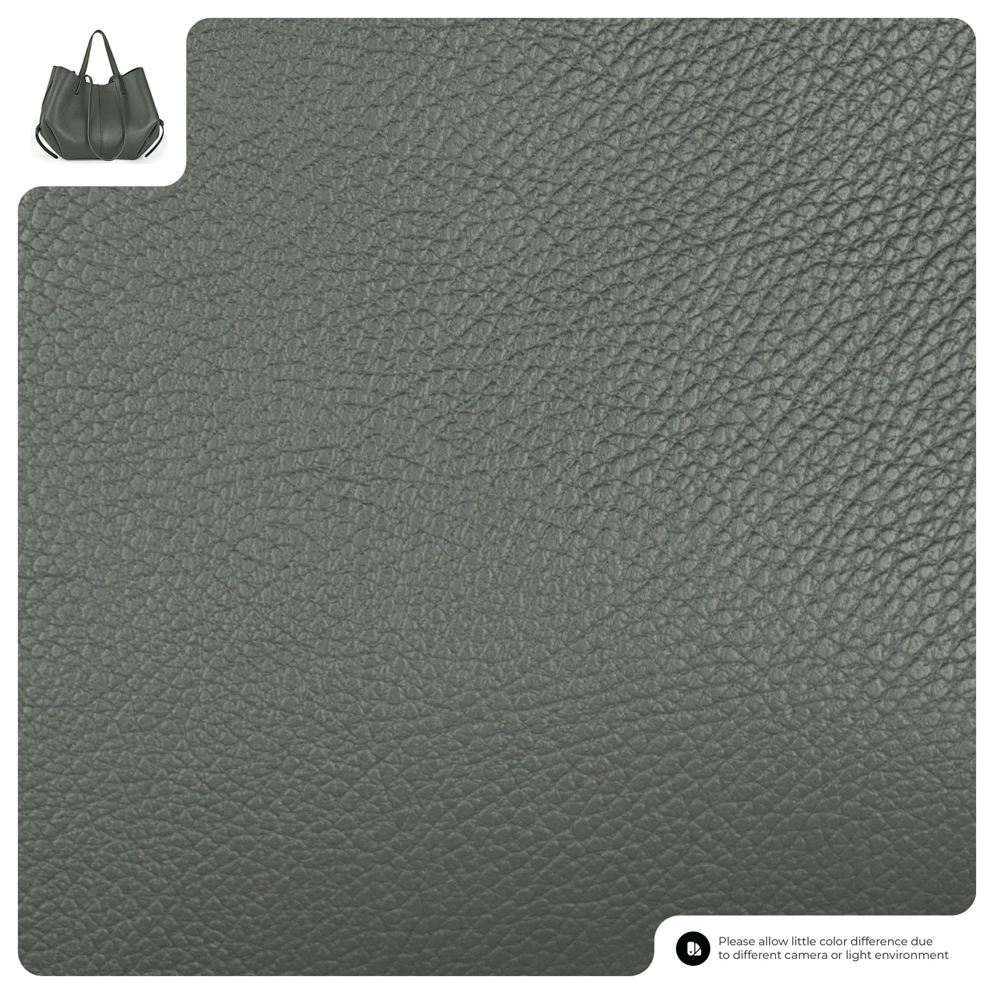 Close-up view of textured gray Italian leather handbag material with a small image of a dark handbag in the top left corner; note at the bottom mentions possible color differences due to lighting and camera.