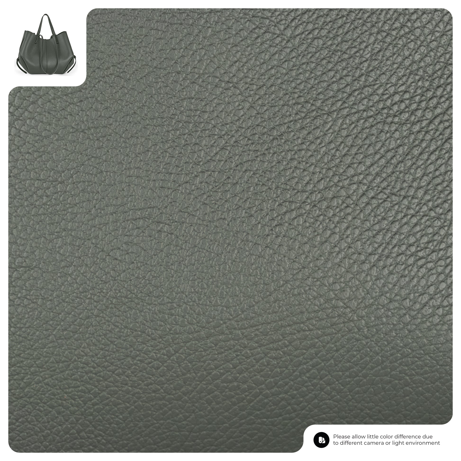 Close-up view of textured gray Italian leather handbag material with a small image of a dark handbag in the top left corner; note at the bottom mentions possible color differences due to lighting and camera.