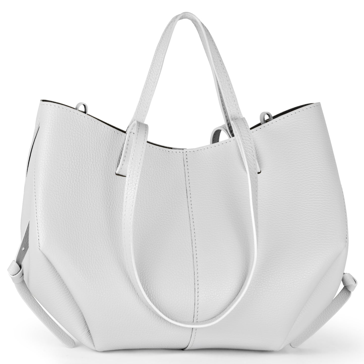A spacious, white Italian leather handbag with double handles and a removable shoulder strap, handcrafted in Italy and shown on a plain white background.