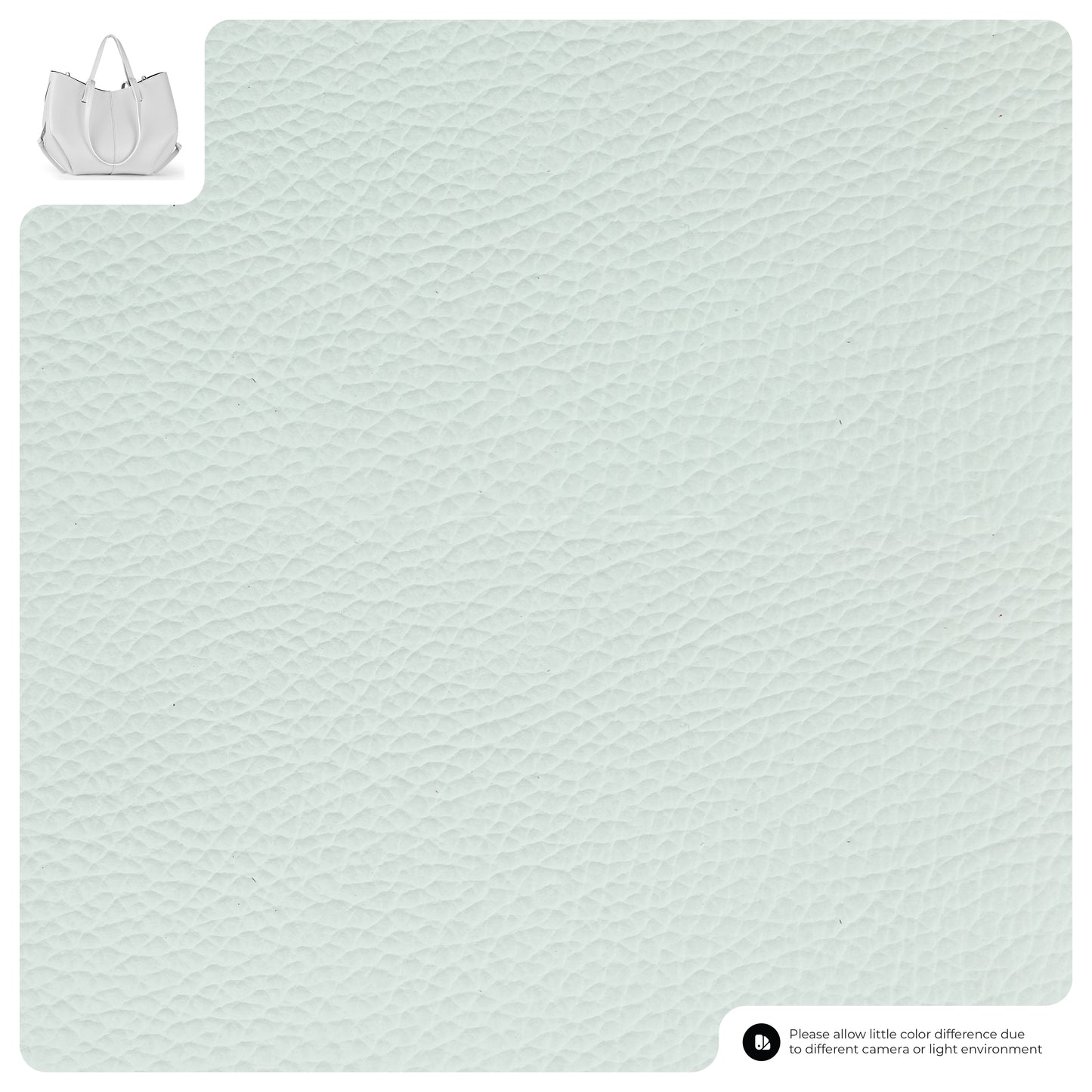 Close-up of pale mint green textured faux leather material. In the top left, a white convertible tote is shown as an example product. A small disclaimer appears in the bottom right corner.