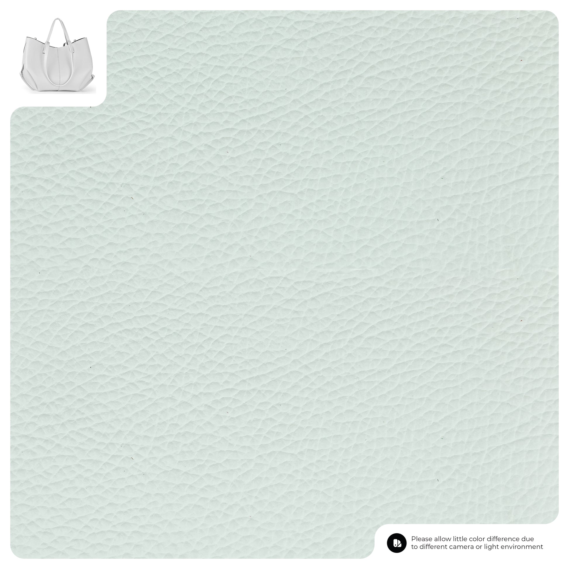 Close-up of pale mint green textured faux leather material. In the top left, a white convertible tote is shown as an example product. A small disclaimer appears in the bottom right corner.