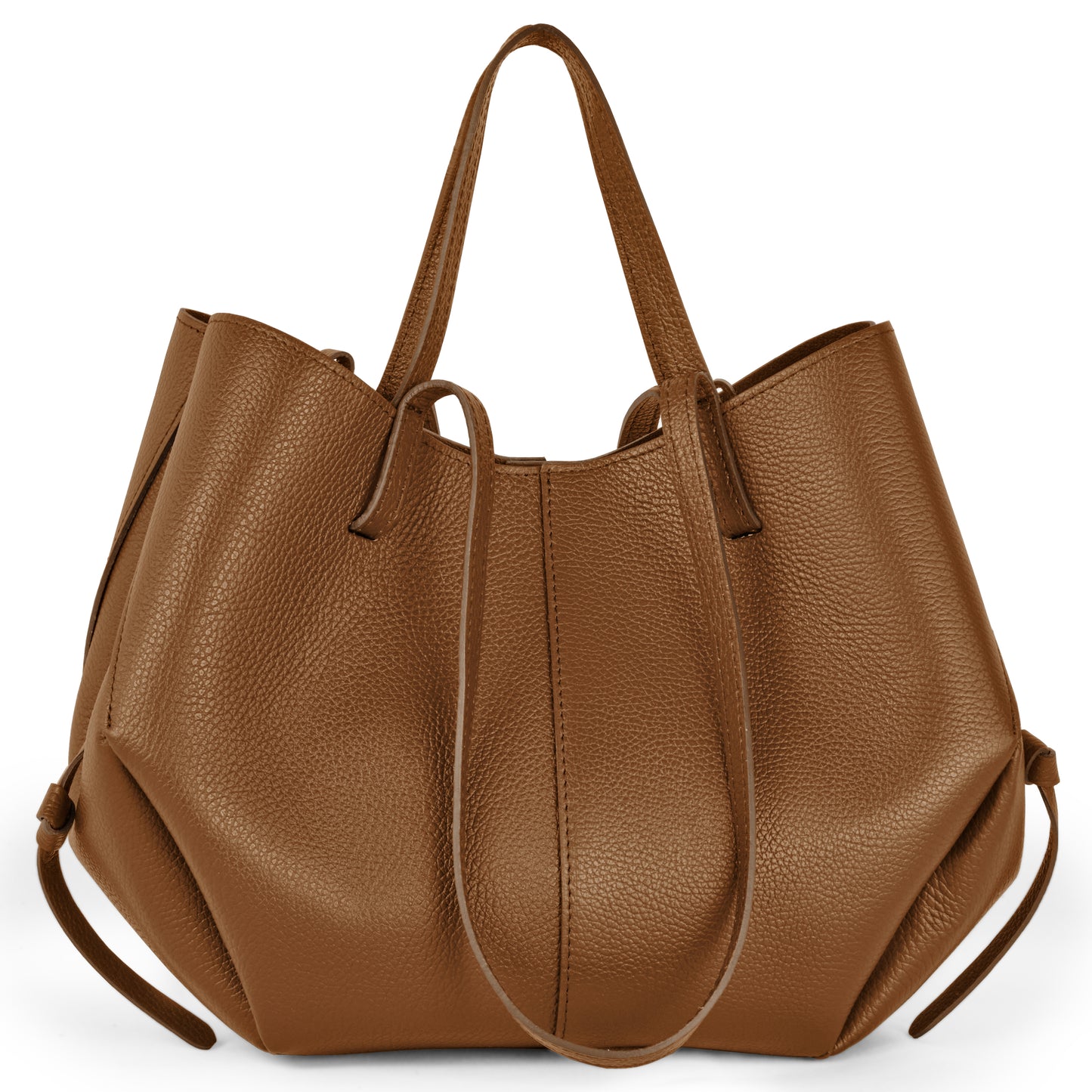A large brown handbag with two handles, side drawstrings, and a textured surface stands upright against a white background.