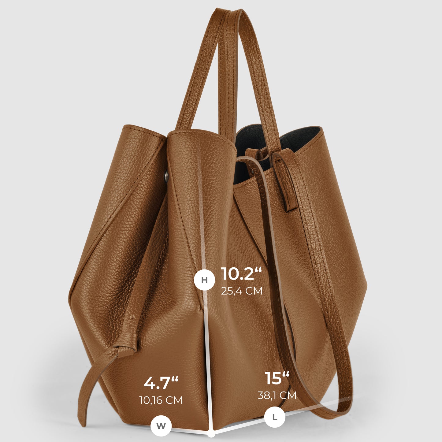 A brown Italian leather handbag tote viewed from the side, highlighting its textured surface and Florentine craftsmanship. Dimensions are labeled: height 10.2 inches, width 4.7 inches, length 15 inches.