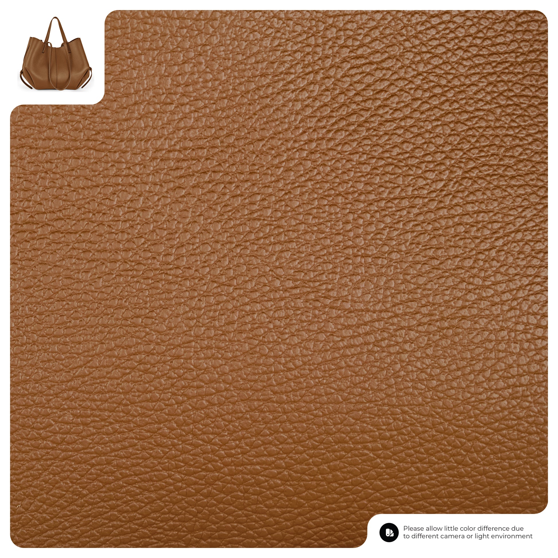 Close-up of textured brown leather material. A small image of an Italian leather handbag, handcrafted in Italy from the same material, appears in the top left corner. A note at the bottom mentions possible color differences.