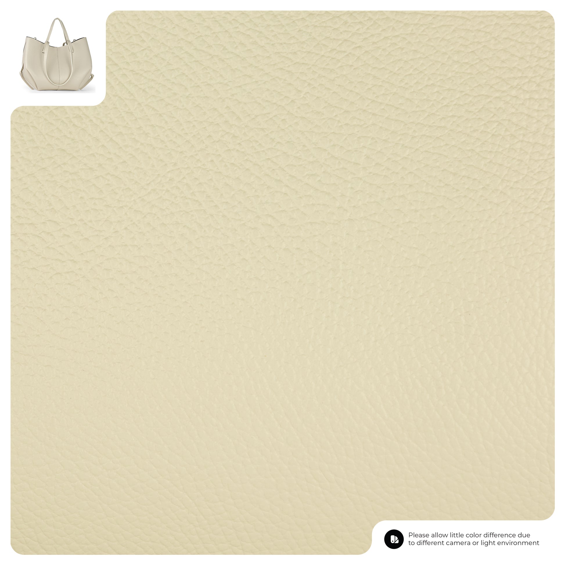 Close-up of beige textured leather material, featuring a small image of an Italian leather handbag in the top left corner and a note about possible color differences in the bottom right corner.