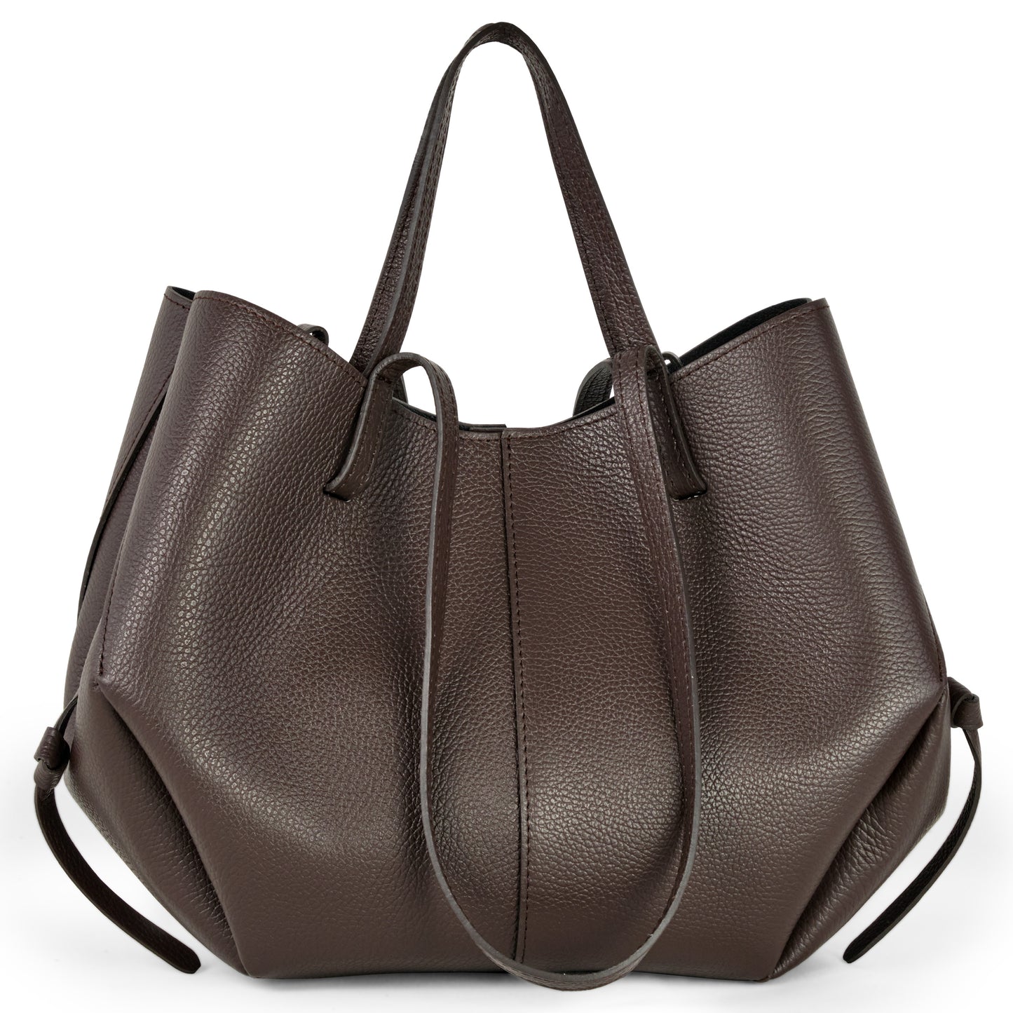 A large, handcrafted Italian leather handbag in brown with two top handles, side drawstrings, and a pebbled texture, displayed against a white background.