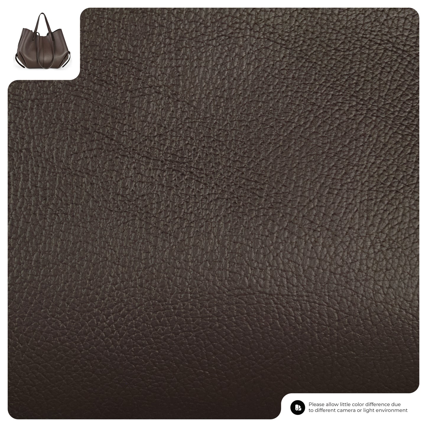 Close-up view of dark brown textured Italian leather material, with a small image of a handcrafted handbag in the top left corner and a note about possible color differences in the bottom right corner.
