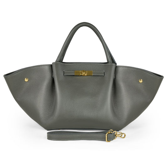 A dark grey Italian leather bag with gold hardware, two short handles, and a detachable shoulder strap. This structured women’s handbag features a winged shape, pebbled texture, and highlights exquisite Florentine craftsmanship.
