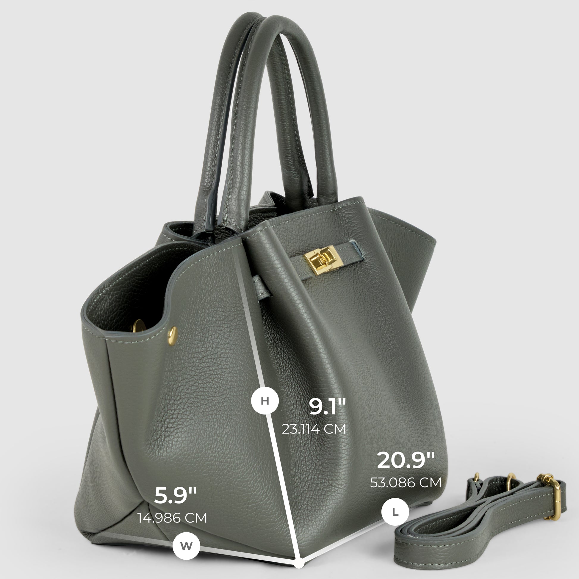 A gray Italian leather bag with two handles, gold hardware, and a detachable strap. This women's handbag measures height 9.1" (23.1 cm), width 5.9" (15 cm), and length 20.9" (53.1 cm) against a light background.