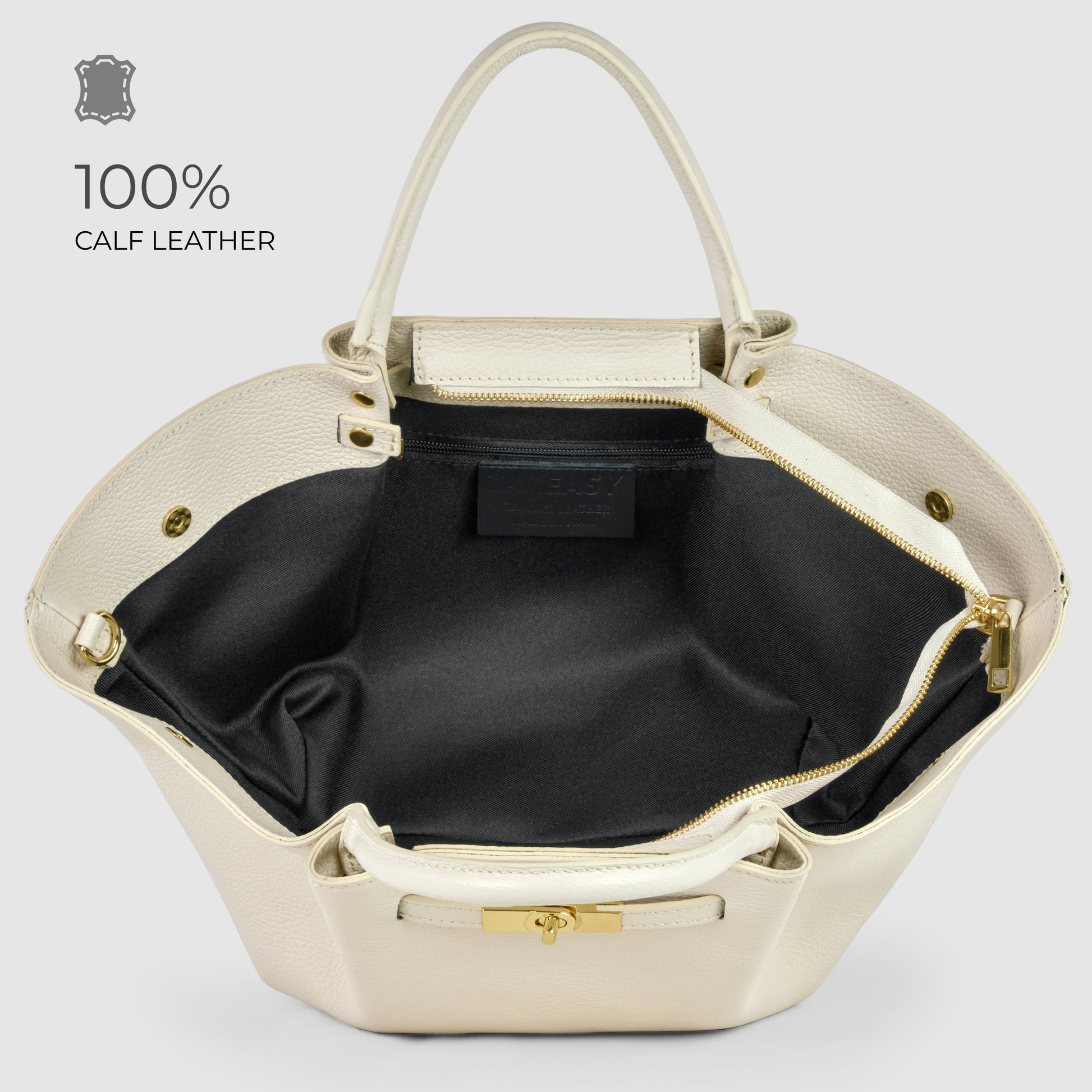 Cream-colored Italian leather bag with gold hardware, shown open to reveal a spacious black-lined interior. A “100% Calf Leather” label with a leather icon appears on the left side, highlighting exquisite Florentine craftsmanship.
