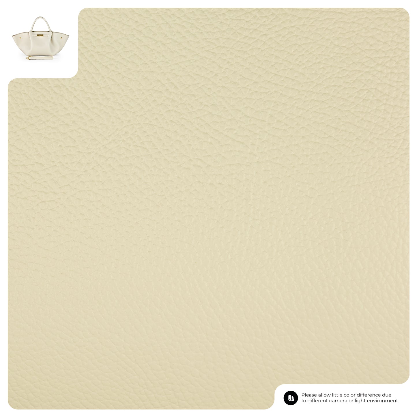 A close-up of beige textured leather fills most of the image. In the top left corner, there is a small women's handbag. A note at the bottom explains that colors may vary due to lighting or camera differences.