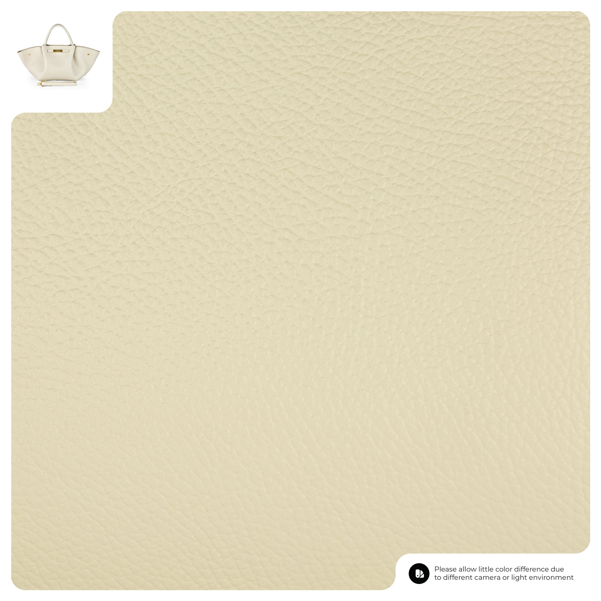 A close-up of beige textured leather fills most of the image. In the top left corner, there is a small women's handbag. A note at the bottom explains that colors may vary due to lighting or camera differences.