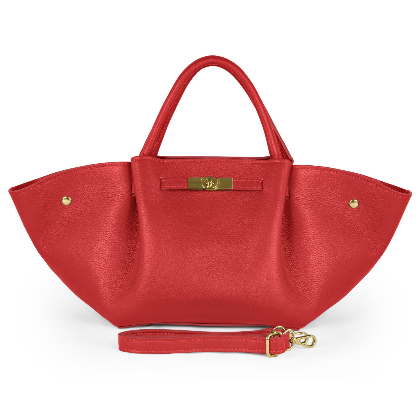 This red bag features Italian leather, gold hardware, two top handles, wide side panels, and a detachable shoulder strap—showcasing exquisite Florentine craftsmanship.