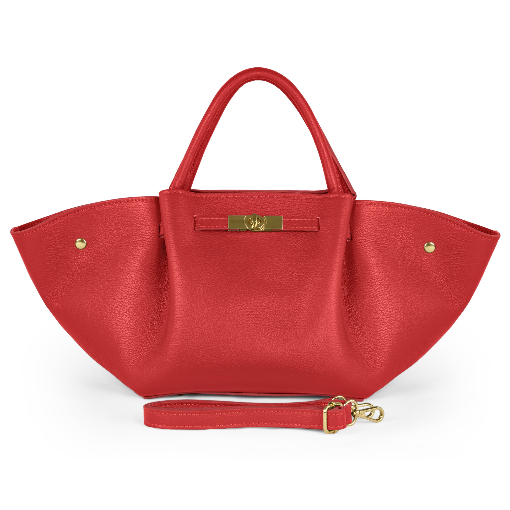 This red bag features Italian leather, gold hardware, two top handles, wide side panels, and a detachable shoulder strap—showcasing exquisite Florentine craftsmanship.