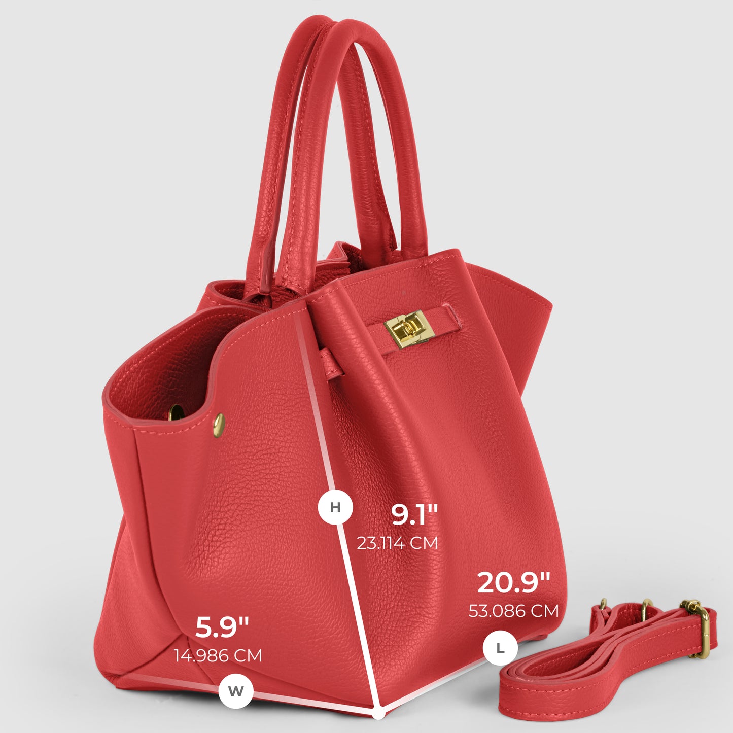 A red Italian leather bag with gold hardware is shown angled, its dimensions labeled: height 9.1 in (23.114 cm), width 5.9 in (14.986 cm), and length 20.9 in (53.086 cm). A detachable strap lies in front, highlighting Florentine craftsmanship.