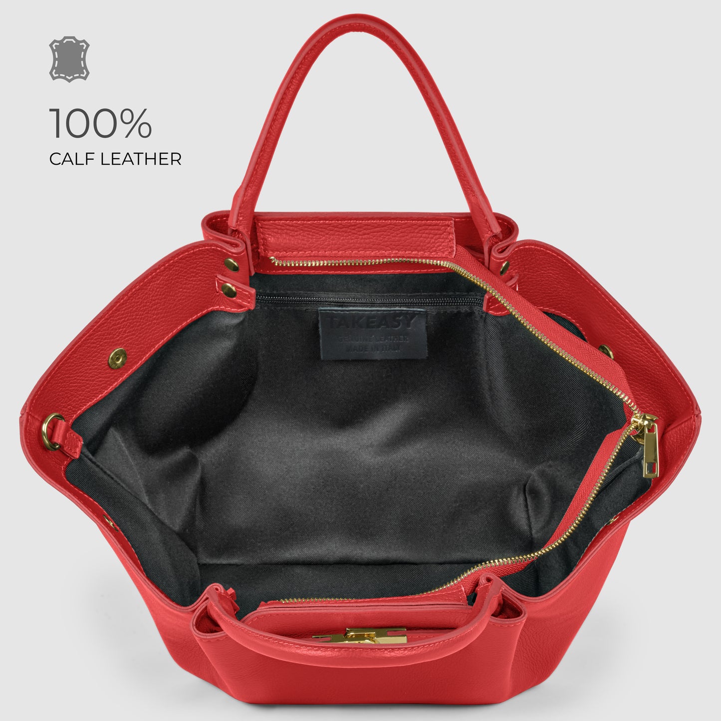 Open red Italian leather bag with gold zippers and black interior lining. Text reads 100% Calf Leather with a leather icon on a light gray background, highlighting timeless Florentine craftsmanship.