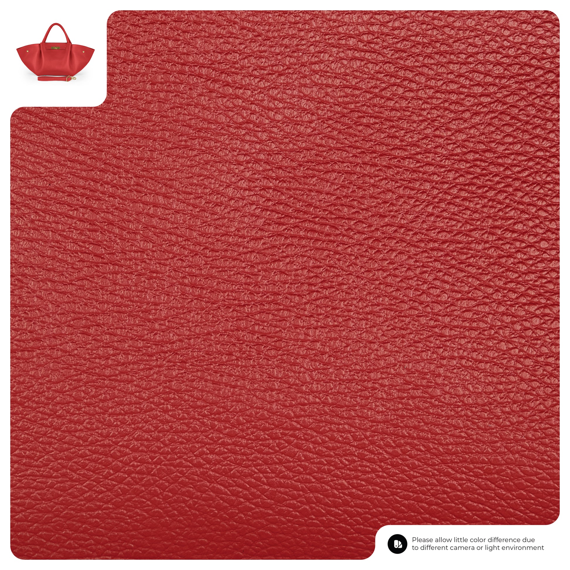 Close-up of red textured leather swatch with a small image of a handcrafted women's bag in the top left corner and a note in the bottom right about possible color differences due to lighting or camera.