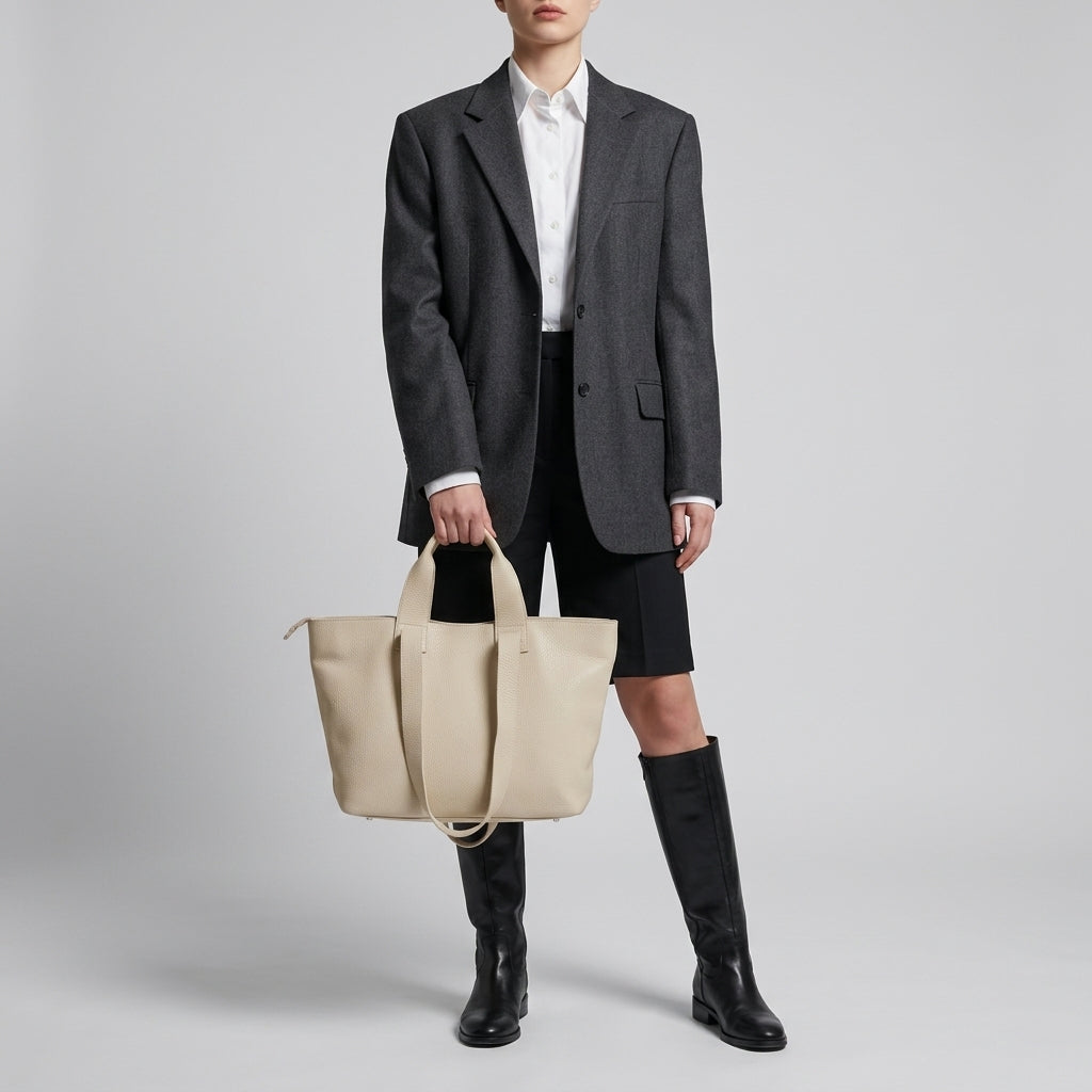 A person wearing a dark gray blazer, white shirt, black knee-length shorts, and black knee-high boots holds a large minimalist handbag against a plain gray background.