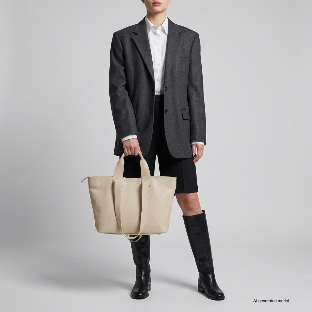 A person wearing a dark blazer, white shirt, black knee-length shorts, and knee-high black boots holds a minimalist handbag against a plain gray background. The face is not visible.
