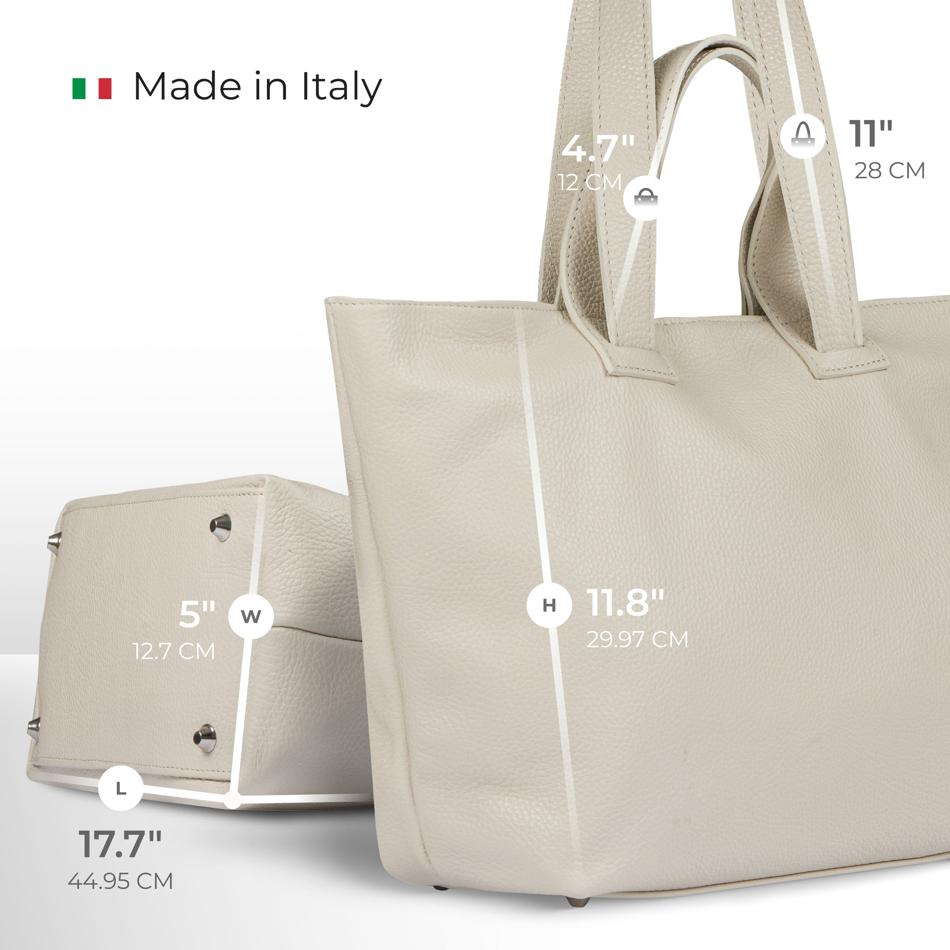 A beige minimalist tote in a chic trapezoid handbag shape is shown with labeled dimensions: 11 height, 17.7 length, 5 width, and 11 handle length. Crafted from Italian calf leather. "Made in Italy" appears at the top left with an Italian flag.