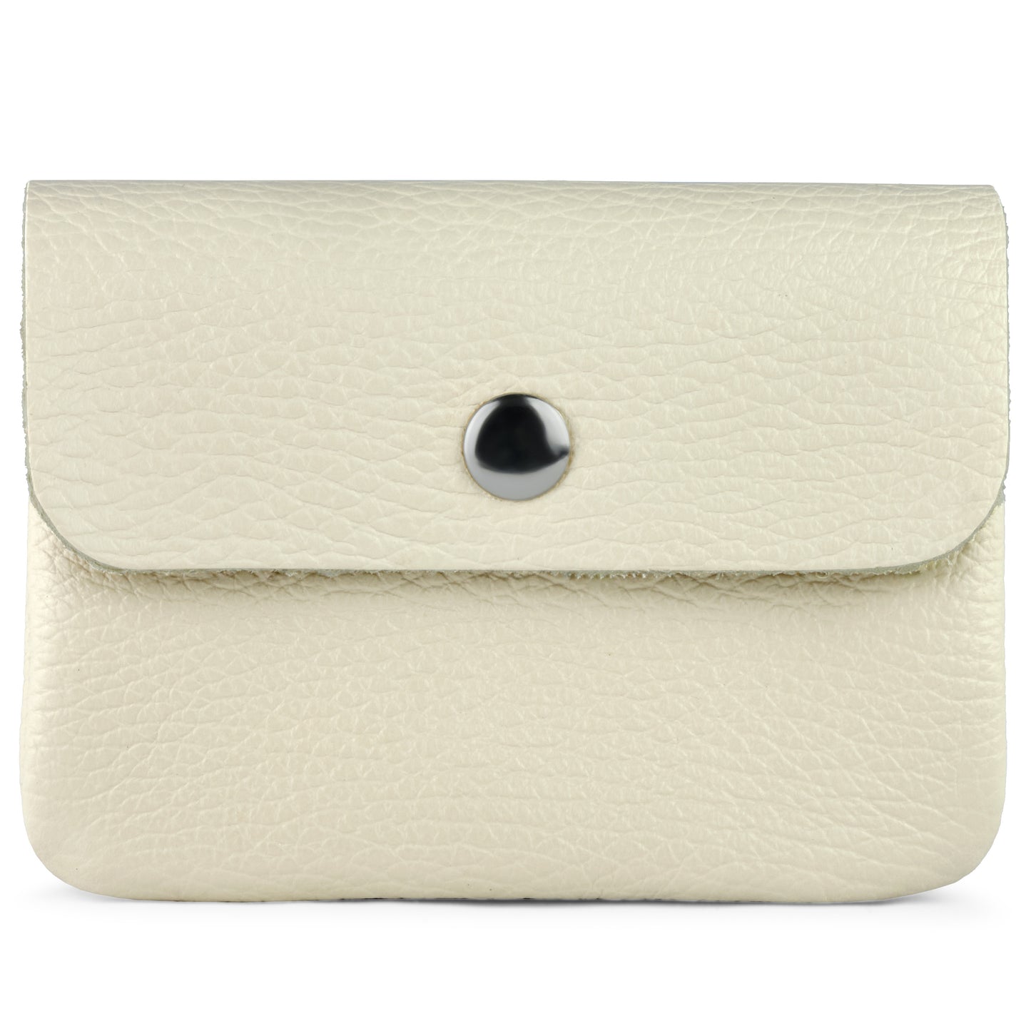 A small, light beige handmade wallet crafted from textured Italian leather, featuring a flap secured by a round silver button snap closure.