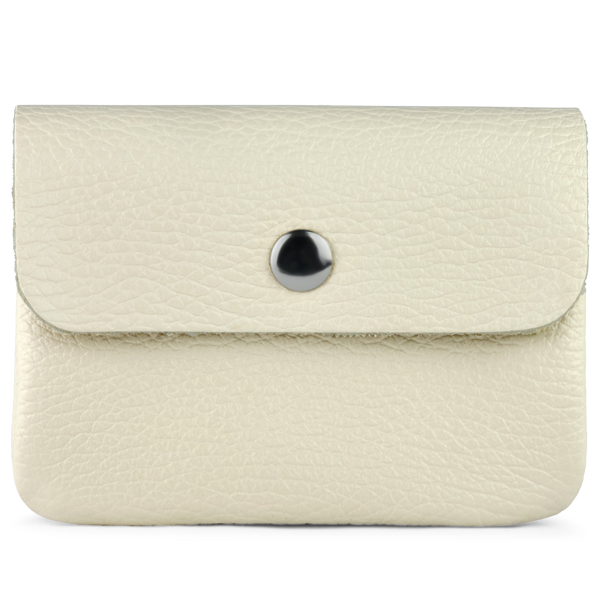 A small, light beige handmade wallet crafted from textured Italian leather, featuring a flap secured by a round silver button snap closure.