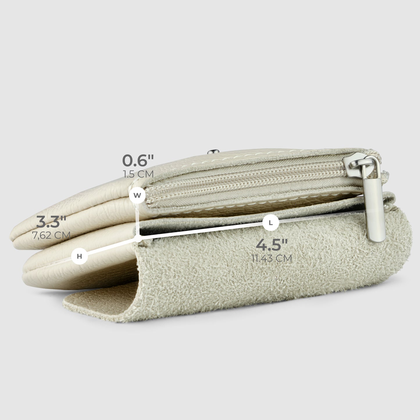 Side view of a beige Italian leather wallet pouch with its dimensions labeled: 0.6 inches (1.5 cm) wide, 3.3 inches (7.62 cm) high, and 4.5 inches (11.43 cm) long, shown against a light gray background.