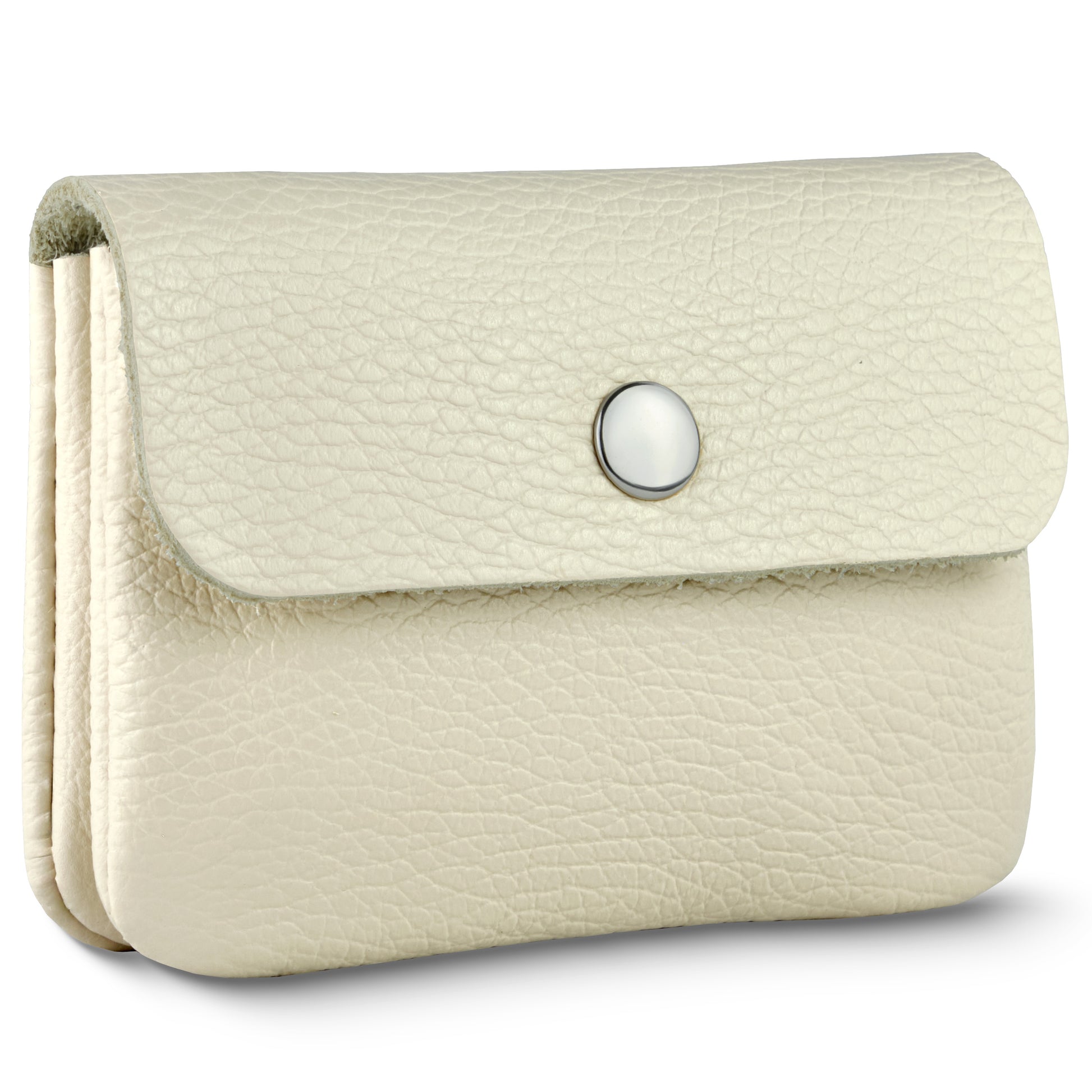 A small, cream-colored minimal wallet crafted from textured Italian leather, featuring a flap closure and a single silver snap button in the center. The pouch stands upright against a white background.