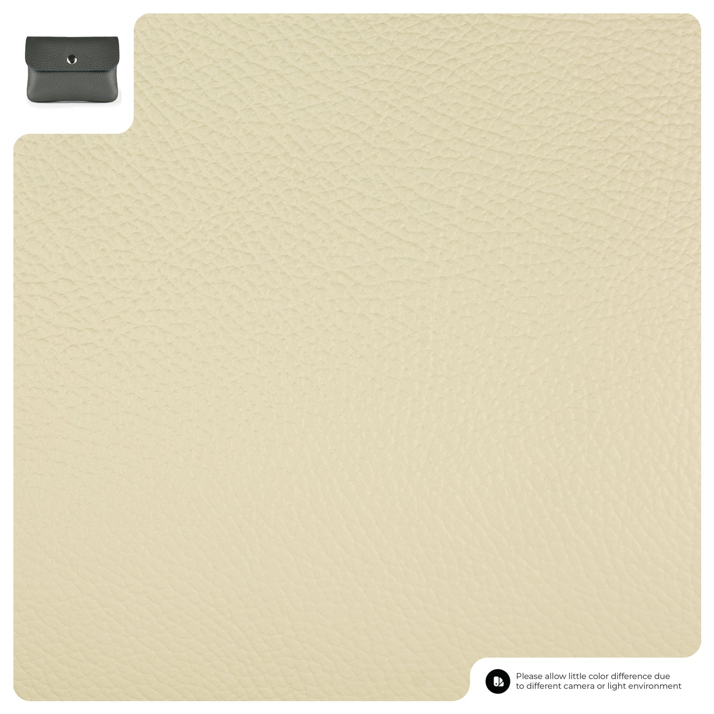 A close-up of light beige textured leather with a small inset image of a dark gray handmade wallet in the top left corner. A note in the bottom right mentions possible color variations due to lighting.
