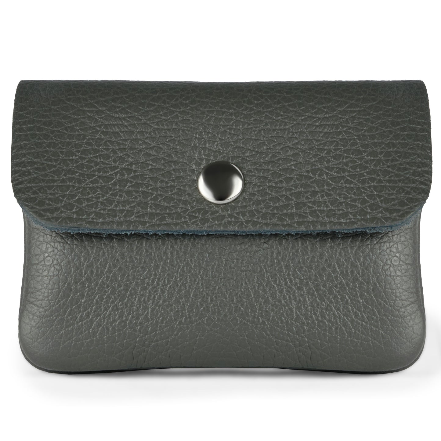 A small, textured dark gray Italian leather wallet with a flap closure secured by a silver snap button, photographed against a white background.