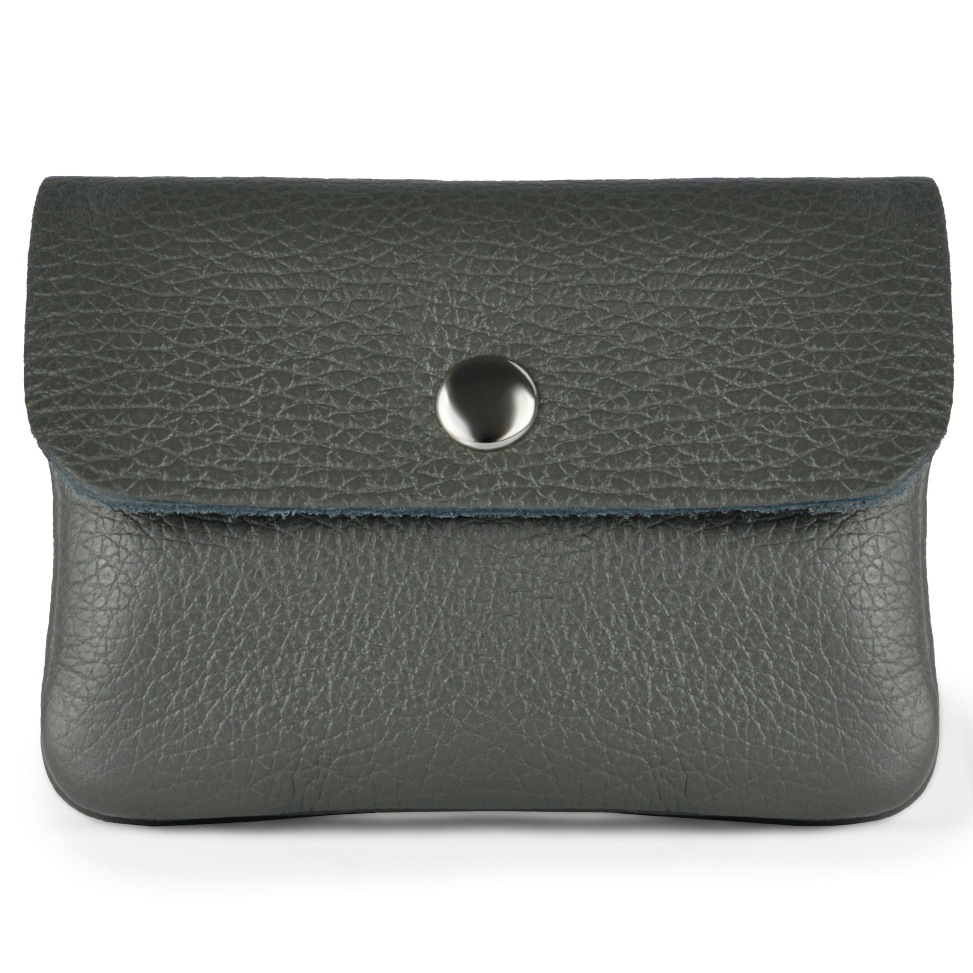 A small, textured dark gray Italian leather wallet with a flap closure secured by a silver snap button, photographed against a white background.