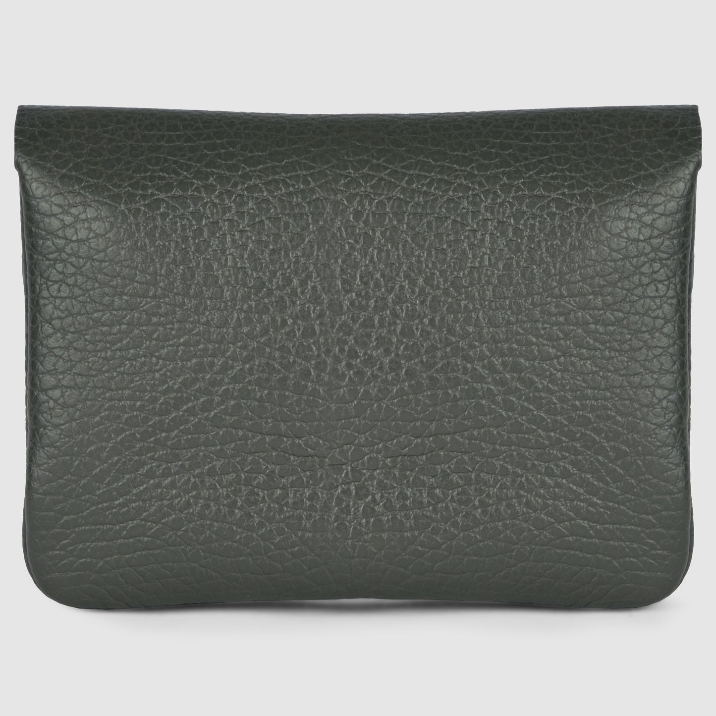 A dark green, textured Italian leather wallet with a flap closure, photographed against a plain white background.