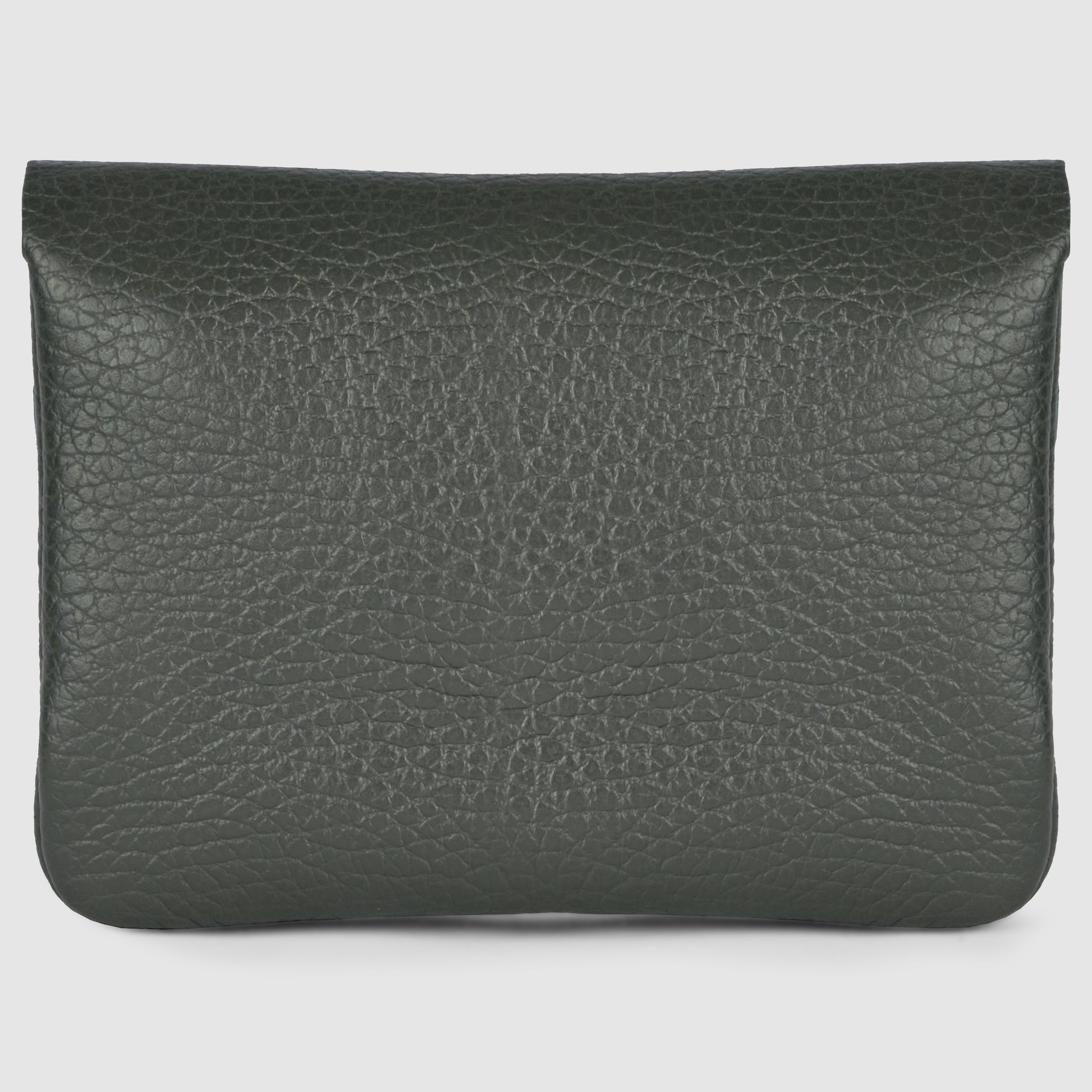 A dark green, textured Italian leather wallet with a flap closure, photographed against a plain white background.