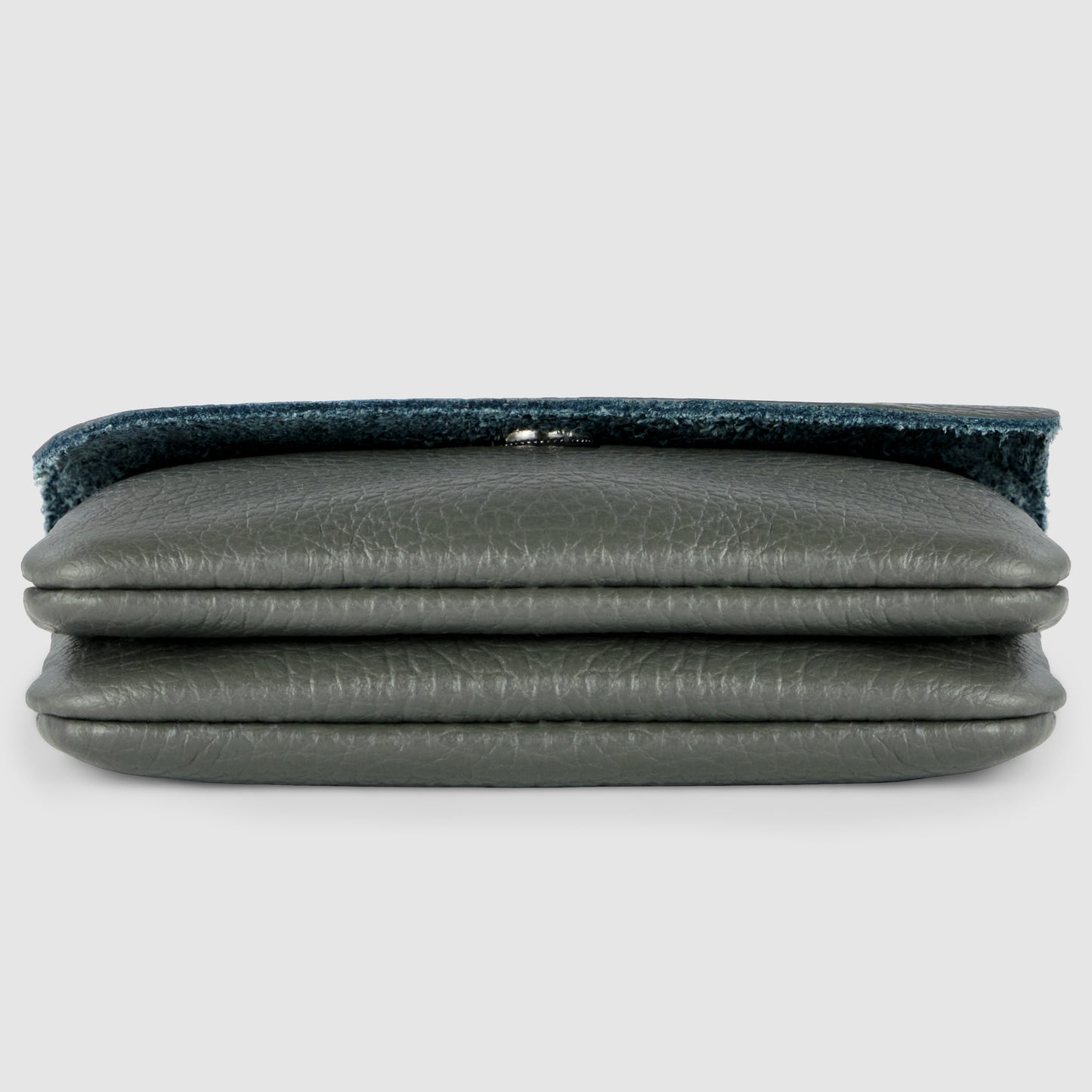 A folded dark gray Italian leather wallet clutch with a textured surface and blue fabric lining, viewed from the side against a light gray background.