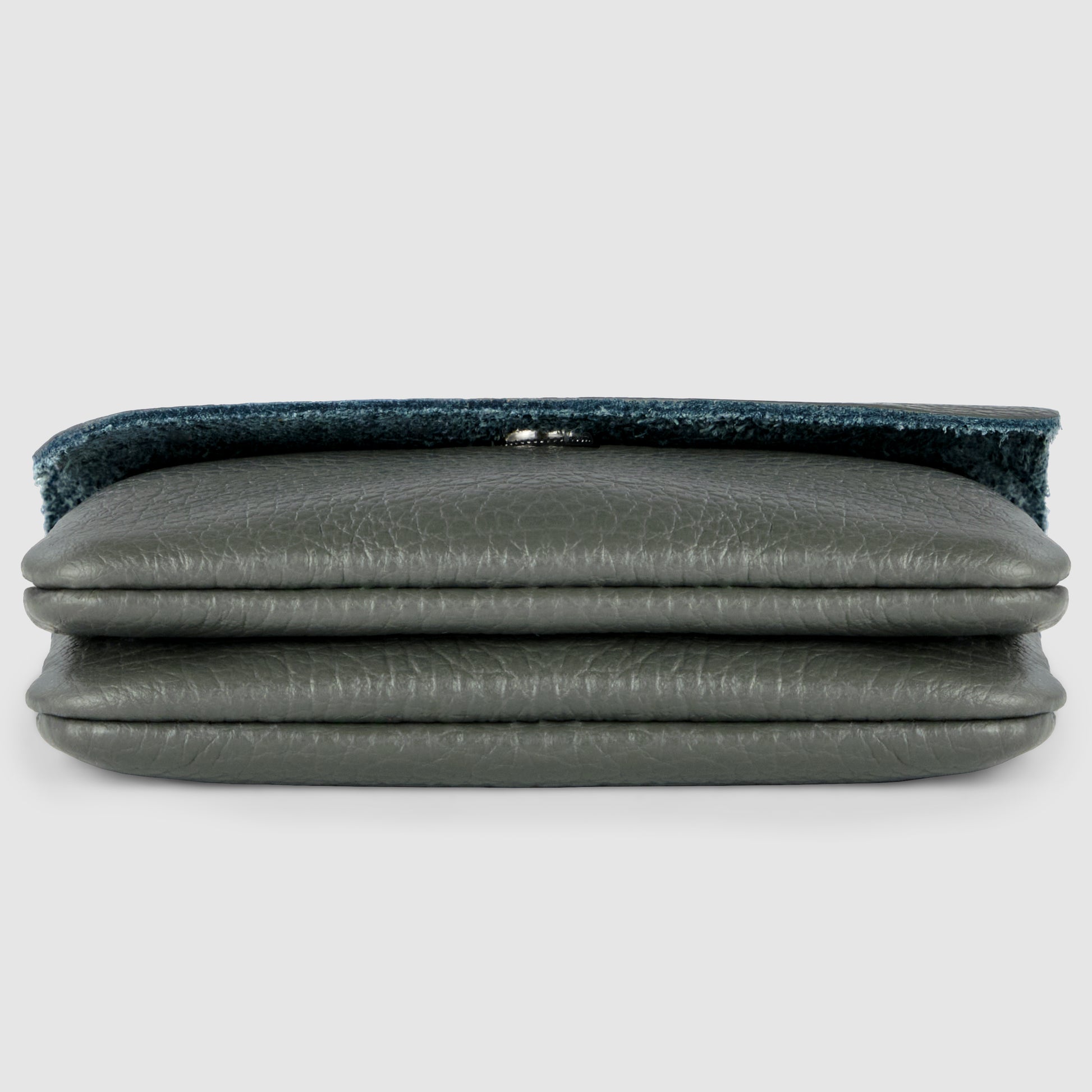 A folded dark gray Italian leather wallet clutch with a textured surface and blue fabric lining, viewed from the side against a light gray background.